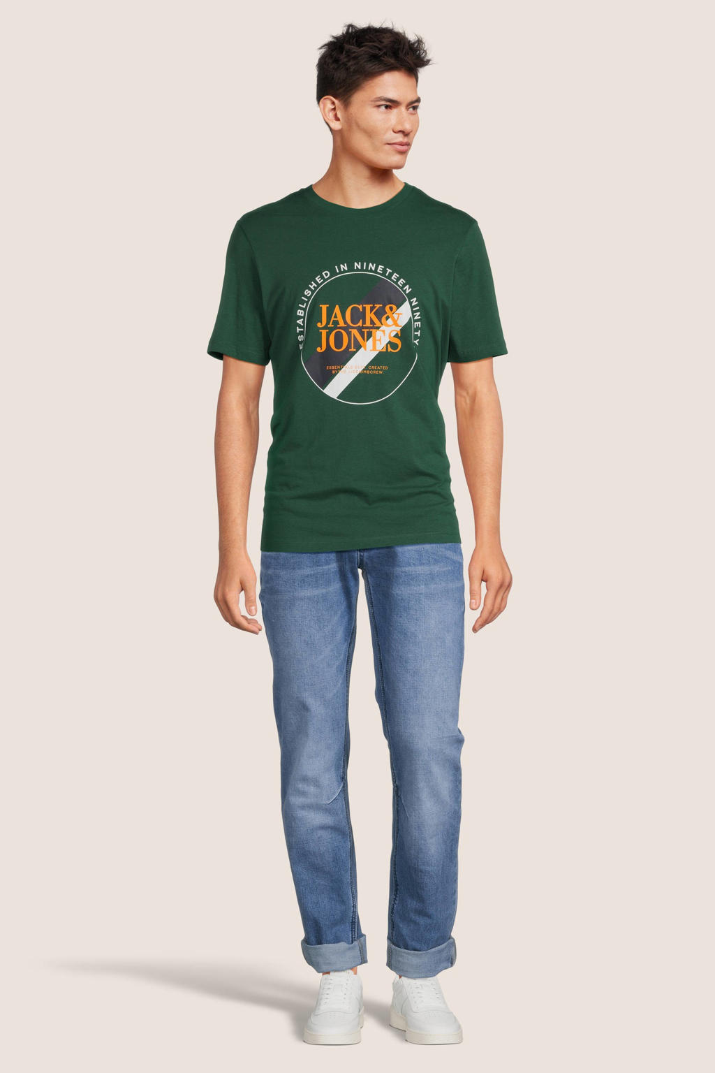 Donkergroene heren JACK & JONES T-shirt van katoen met printopdruk, korte mouwen en ronde hals