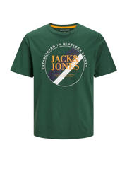thumbnail: Donkergroene heren JACK & JONES T-shirt van katoen met printopdruk, korte mouwen en ronde hals