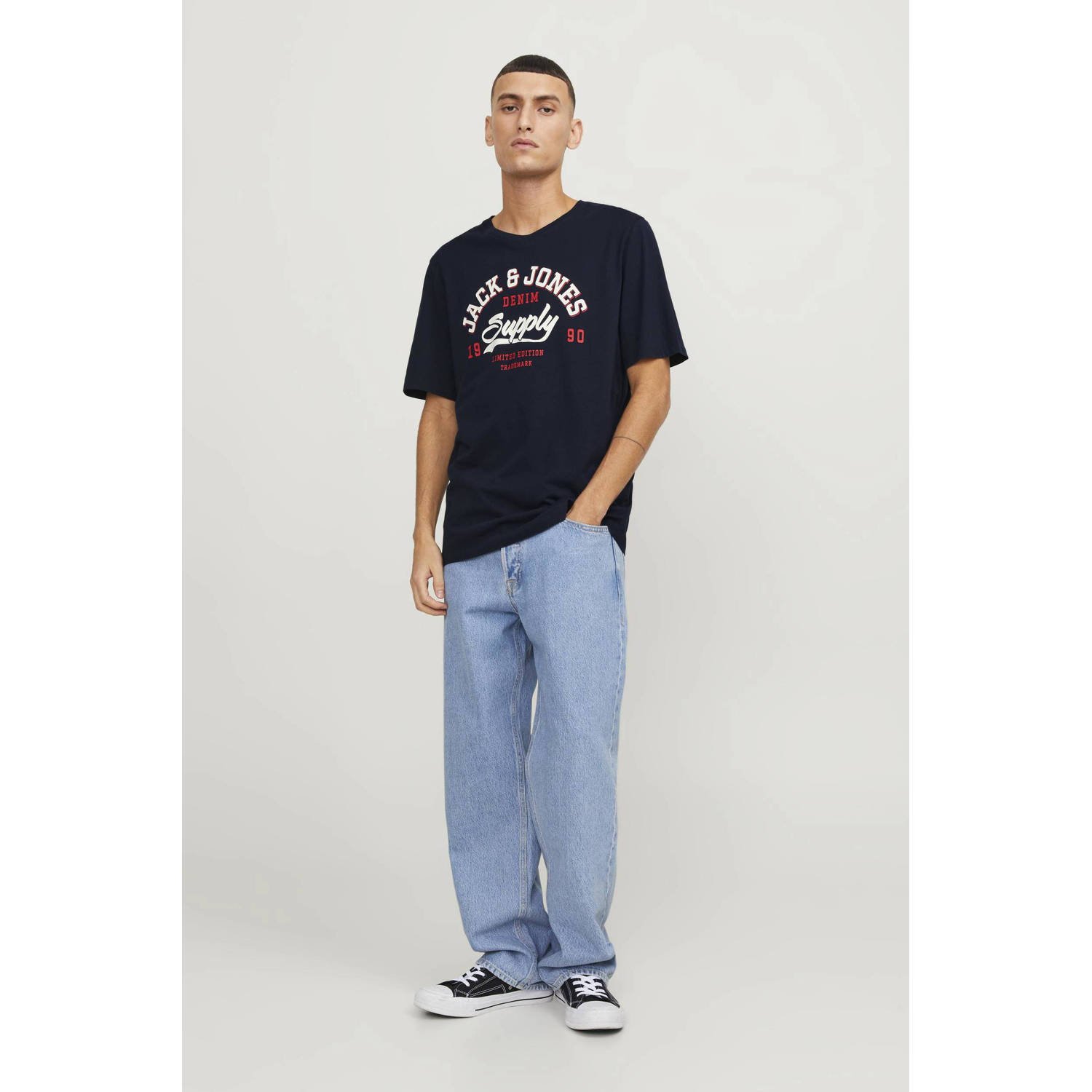 JACK & JONES ESSENTIALS regular fit T-shirt JJELOGO met printopdruk donkerblauw