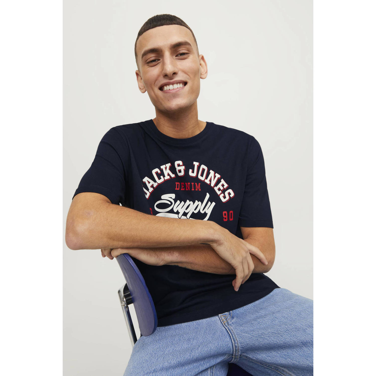JACK & JONES ESSENTIALS regular fit T-shirt JJELOGO met printopdruk donkerblauw