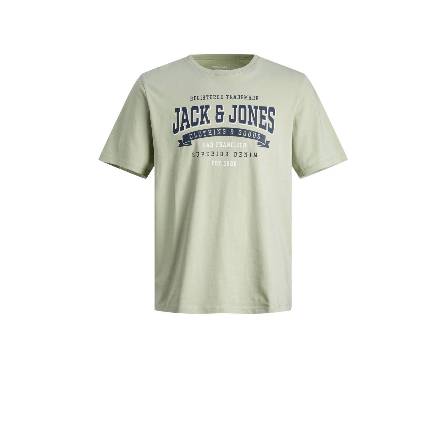 JACK & JONES ESSENTIALS regular fit T-shirt JJELOGO met printopdruk lichtgroen