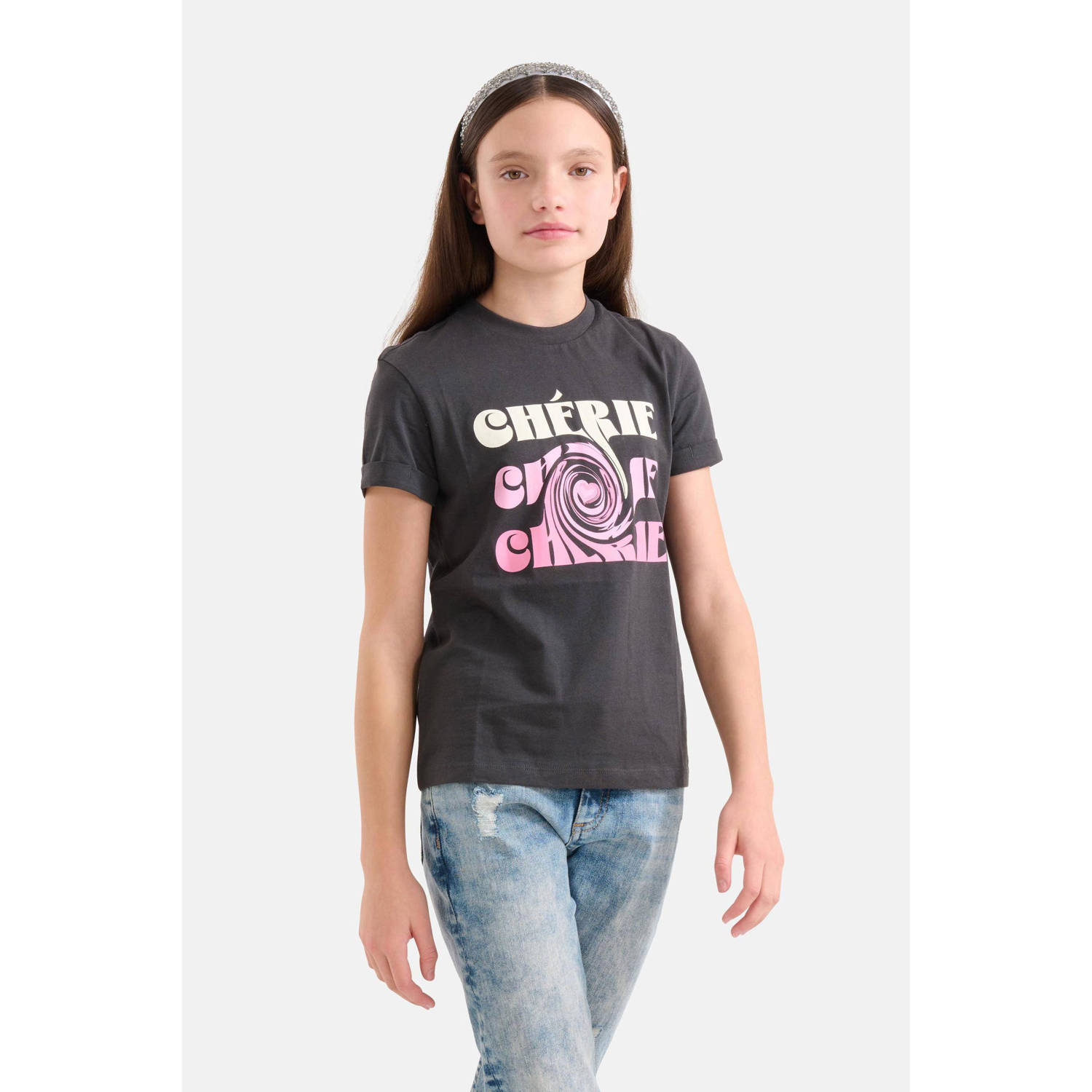 Shoeby T-shirt met printopdruk antraciet roze
