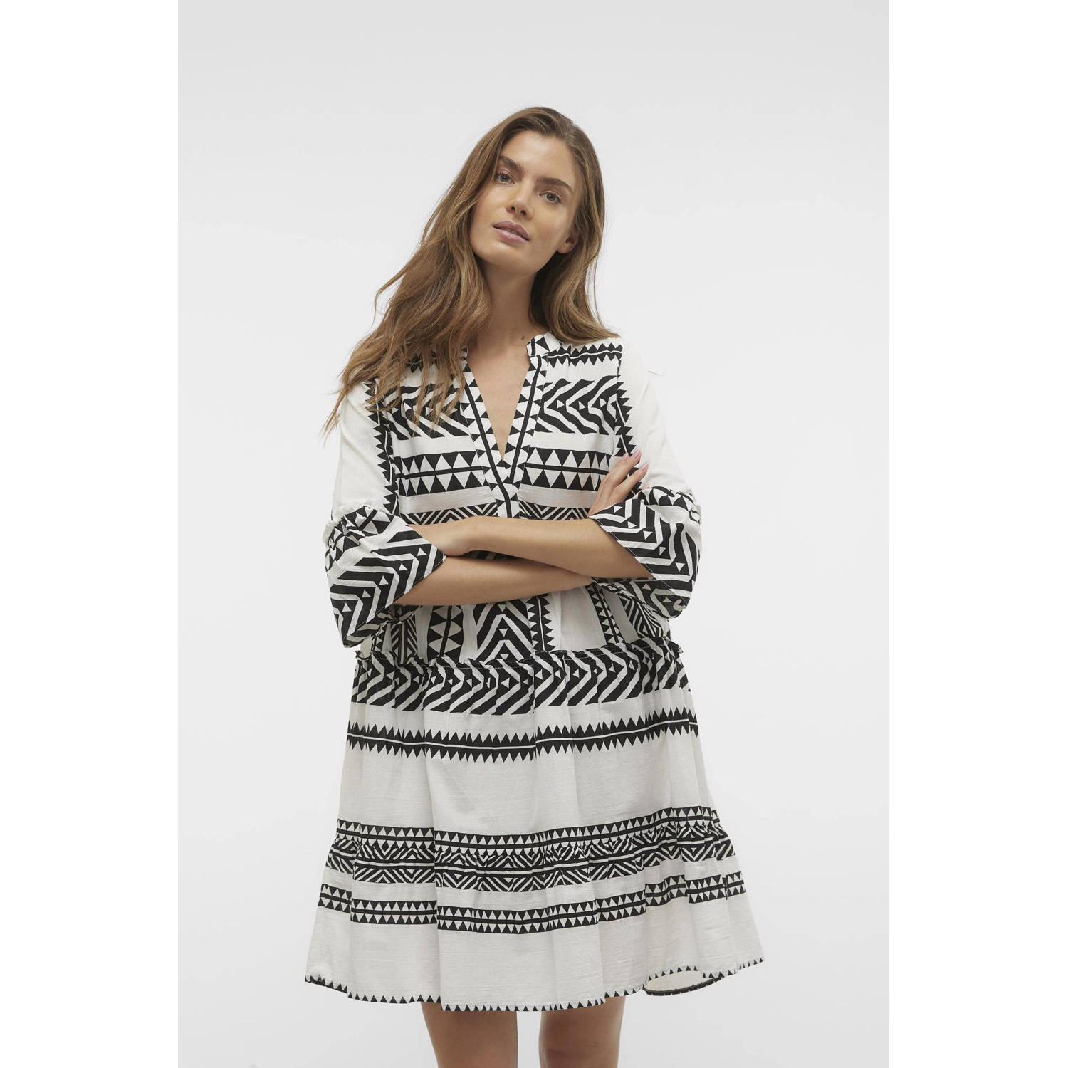 VERO MODA A-lijn jurk VMDICTHE met all over print en plooien zwart wit