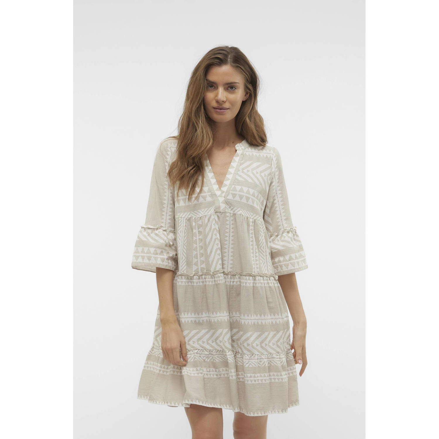 VERO MODA A-lijn jurk VMDICTHE met all over print en plooien blauw wit