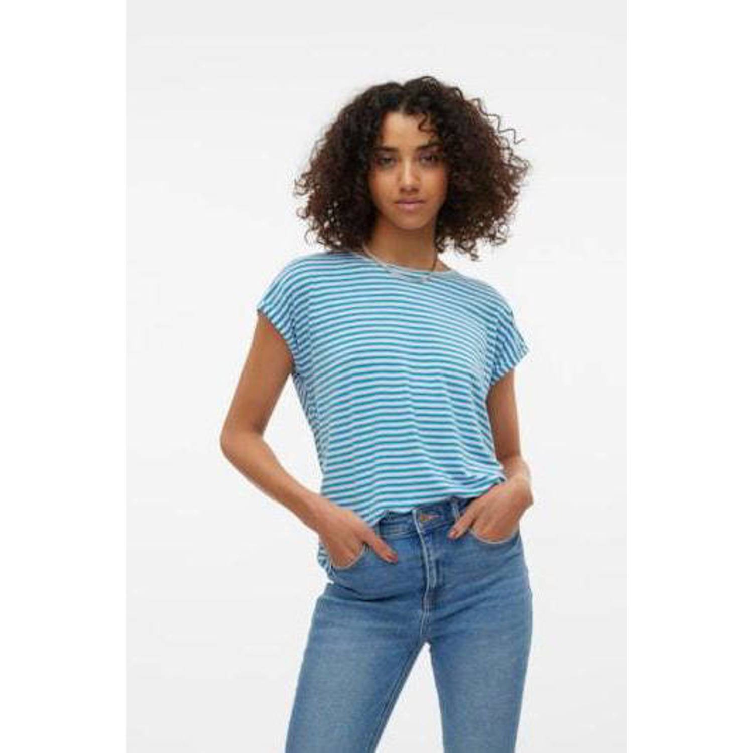 VERO MODA gestreepte top VMAVA blauw ecru