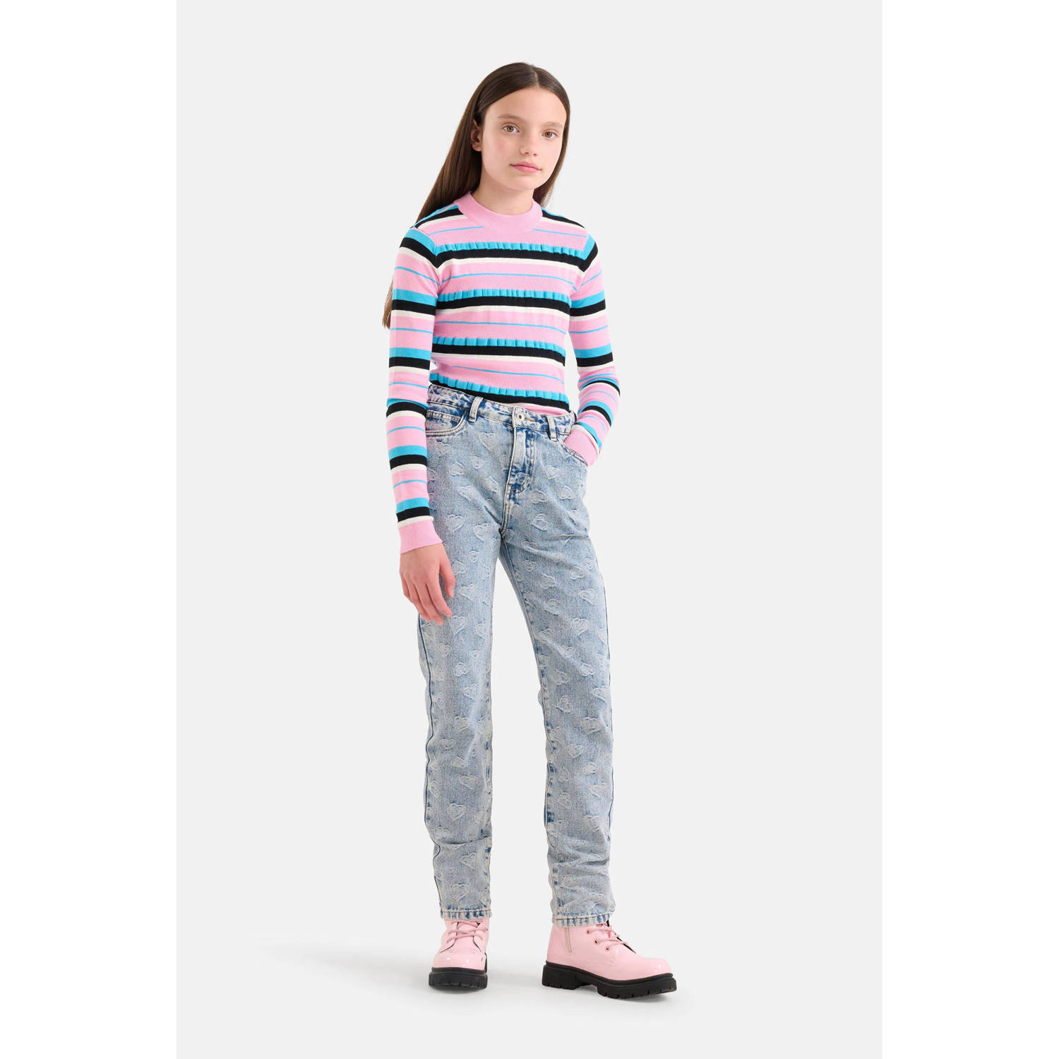 Shoeby high waist tapered fit jeans met jacquard light blue denim