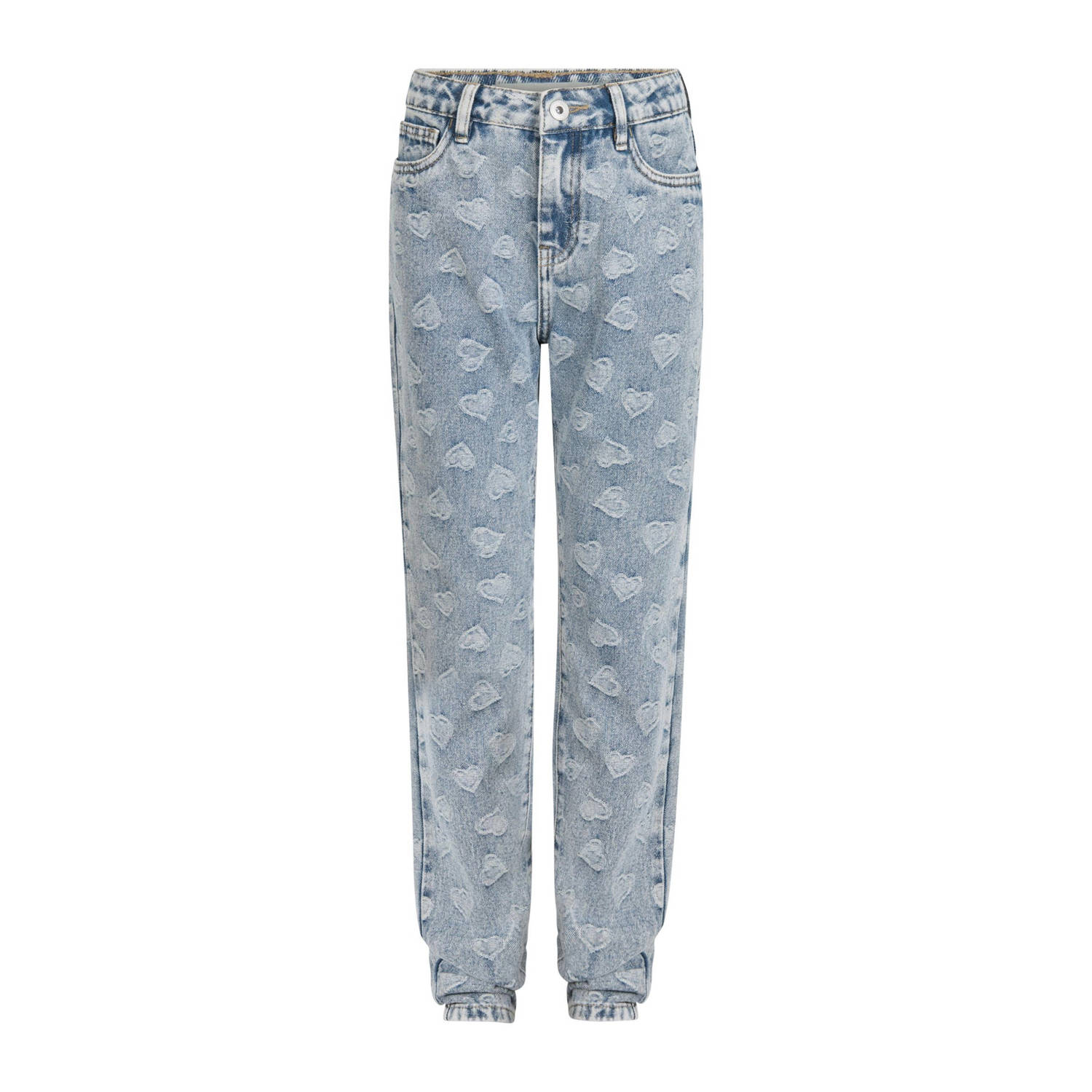 Shoeby high waist tapered fit jeans met jacquard light blue denim Blauw 128