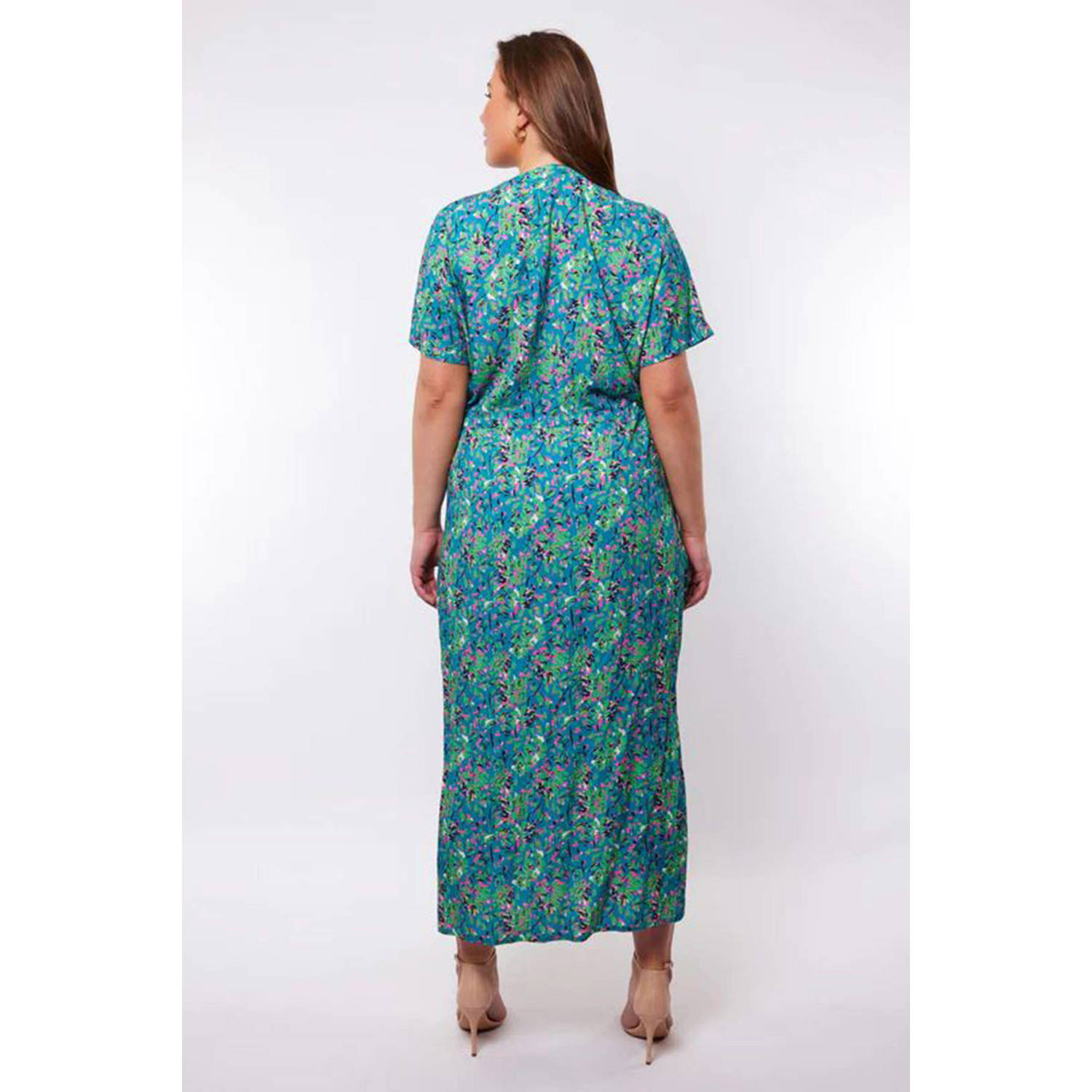 Exxcellent maxi jurk met all over print blauw groen roze