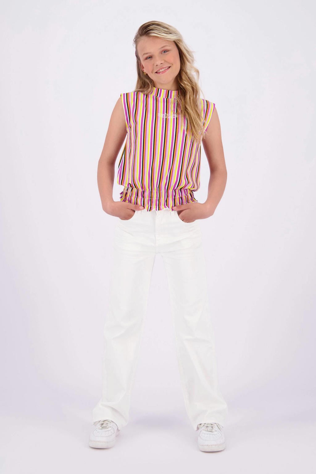 Witte meisjes Raizzed wide leg jeans Mississippi van stretchdenim met rits- en knoopsluiting en effen