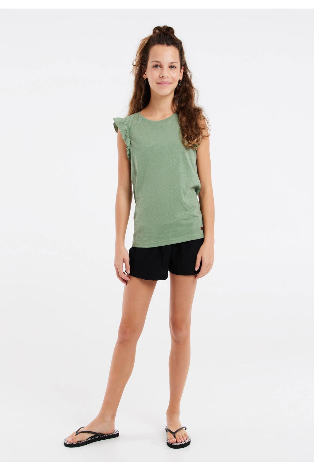 Groene meisjes Protest T-shirt van katoen met effen, korte mouwen, ronde hals en ruches