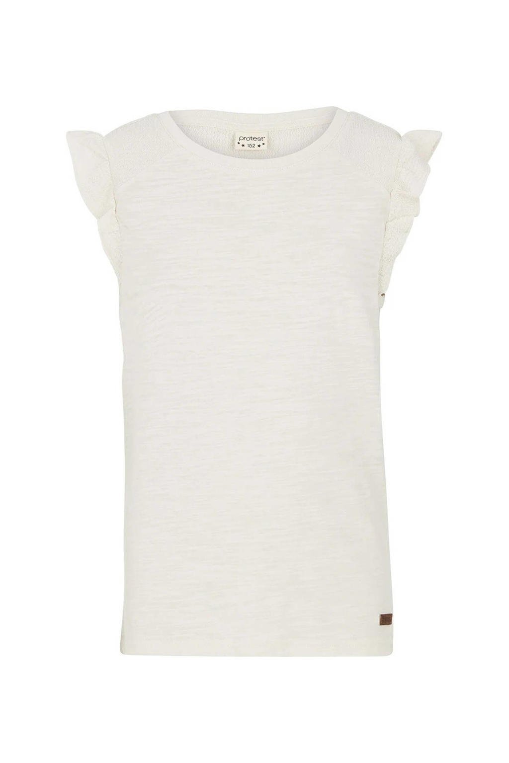 Witte meisjes Protest T-shirt offwhite van katoen met effen, korte mouwen, ronde hals en ruches