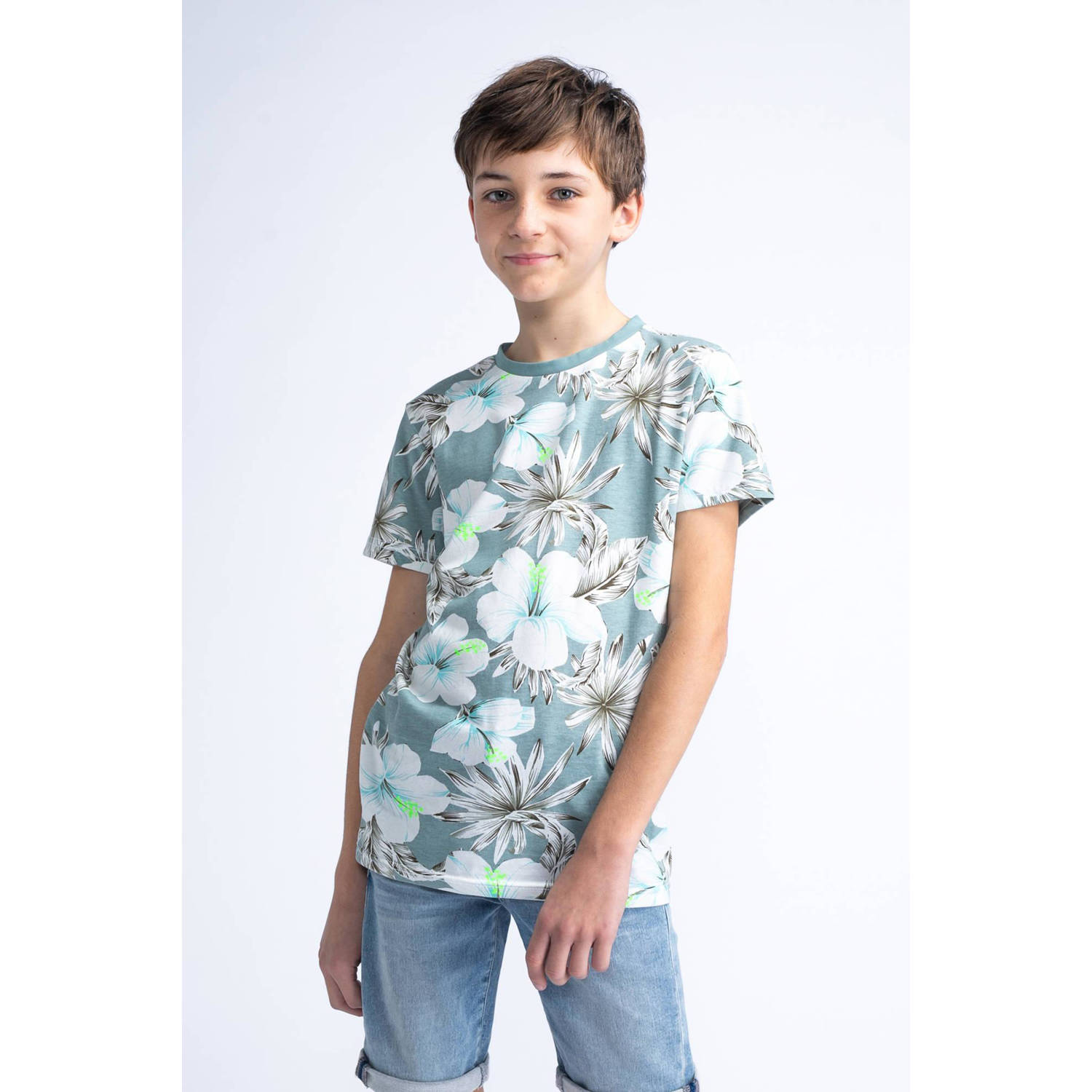 Petrol Industries T-shirt met all over print blauwgrijs wit Jongens Katoen Ronde hals 140