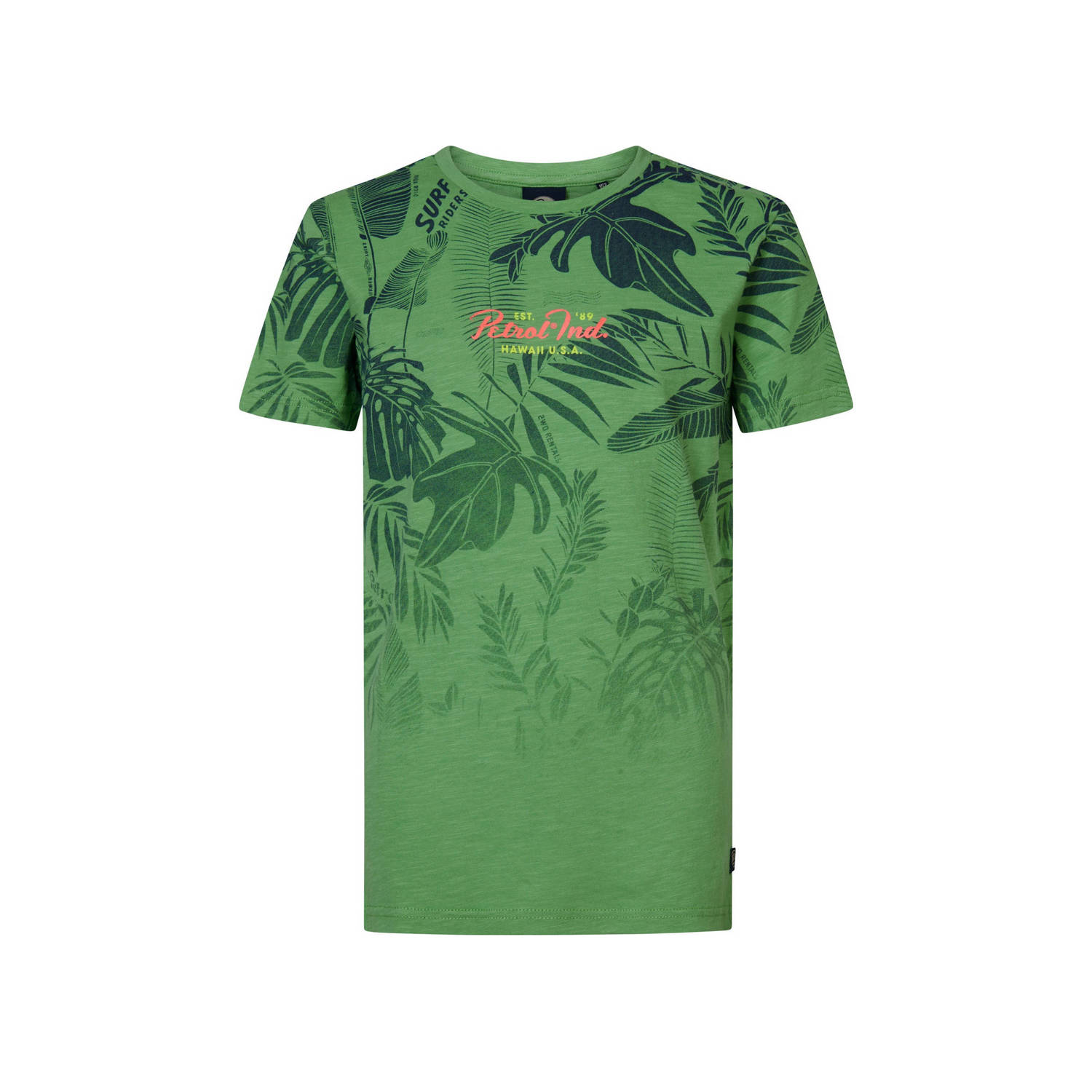 Petrol Industries T-shirt met bladprint groen Jongens Katoen Ronde hals 116