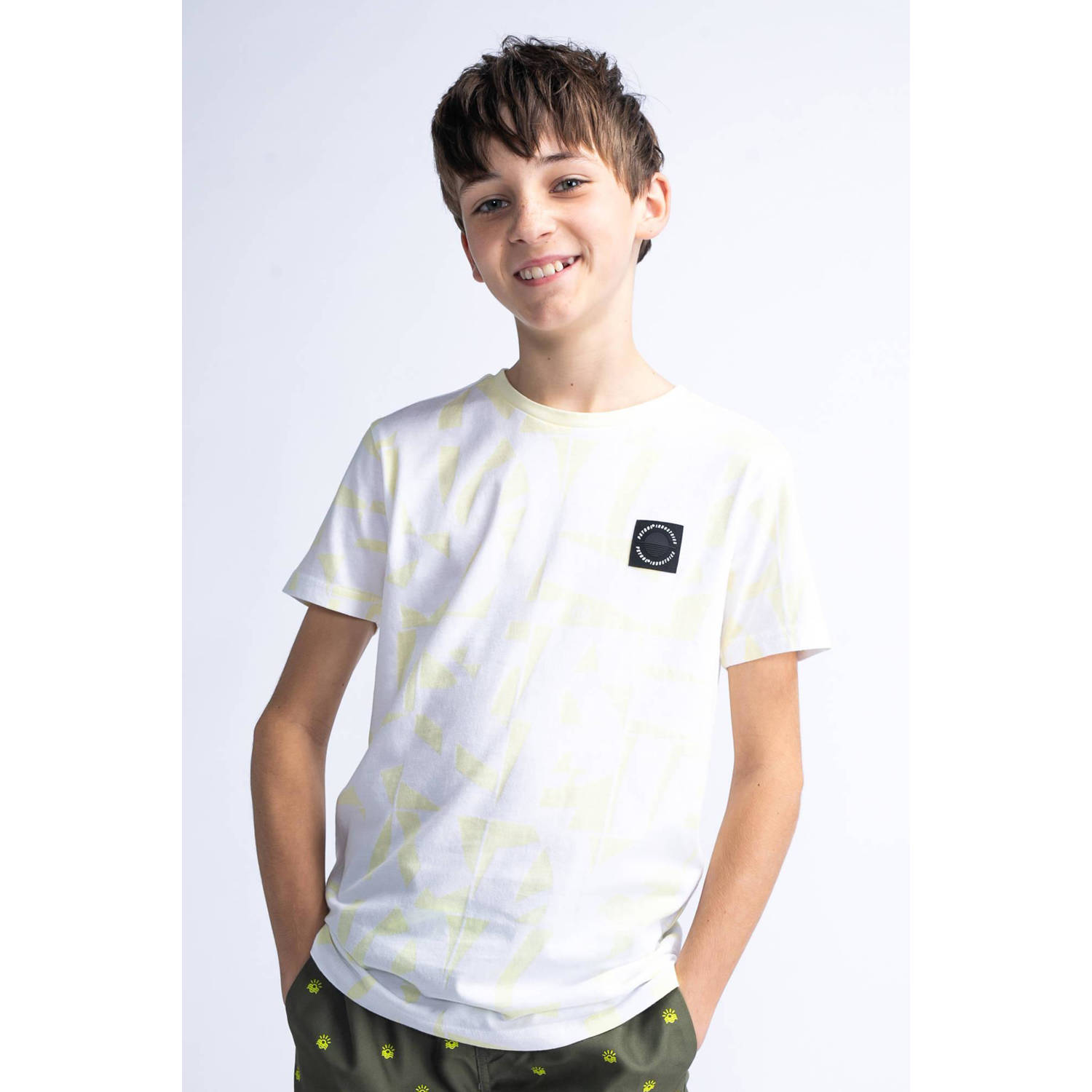 Petrol Industries T-shirt met all over print geel wit Jongens Katoen Ronde hals 140