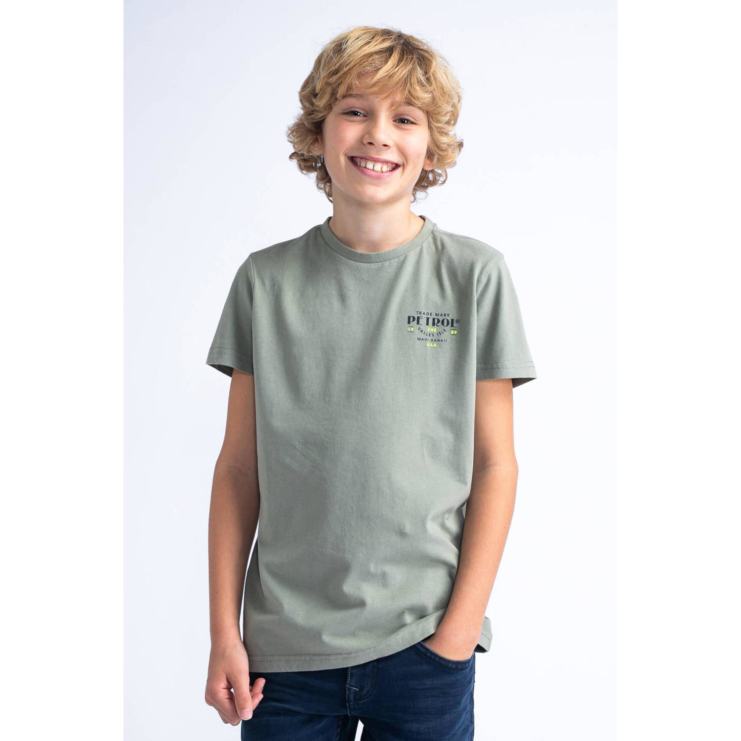 Petrol Industries T-shirt kaki Groen Jongens Katoen Ronde hals Effen 116