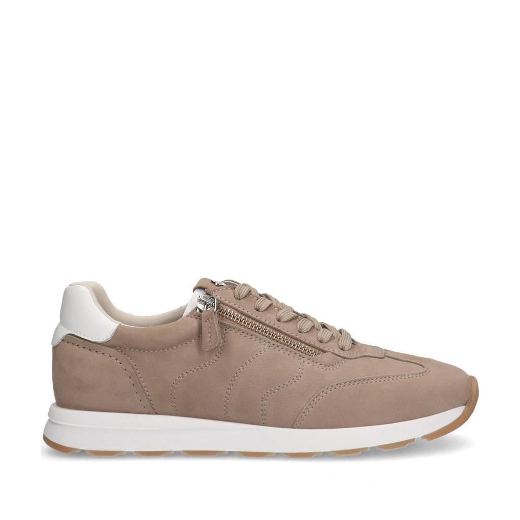 Taupe dames No Stress nubuck sneakers met rits- en vetersluiting en effen