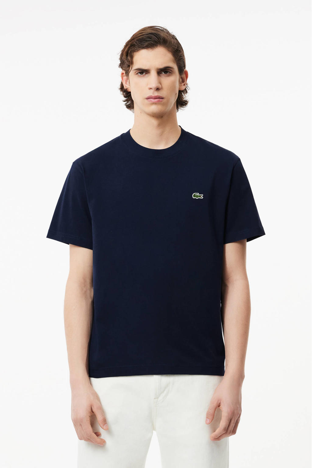 Donkerblauwe heren Lacoste T-shirt van katoen met logo dessin, korte mouwen en ronde hals