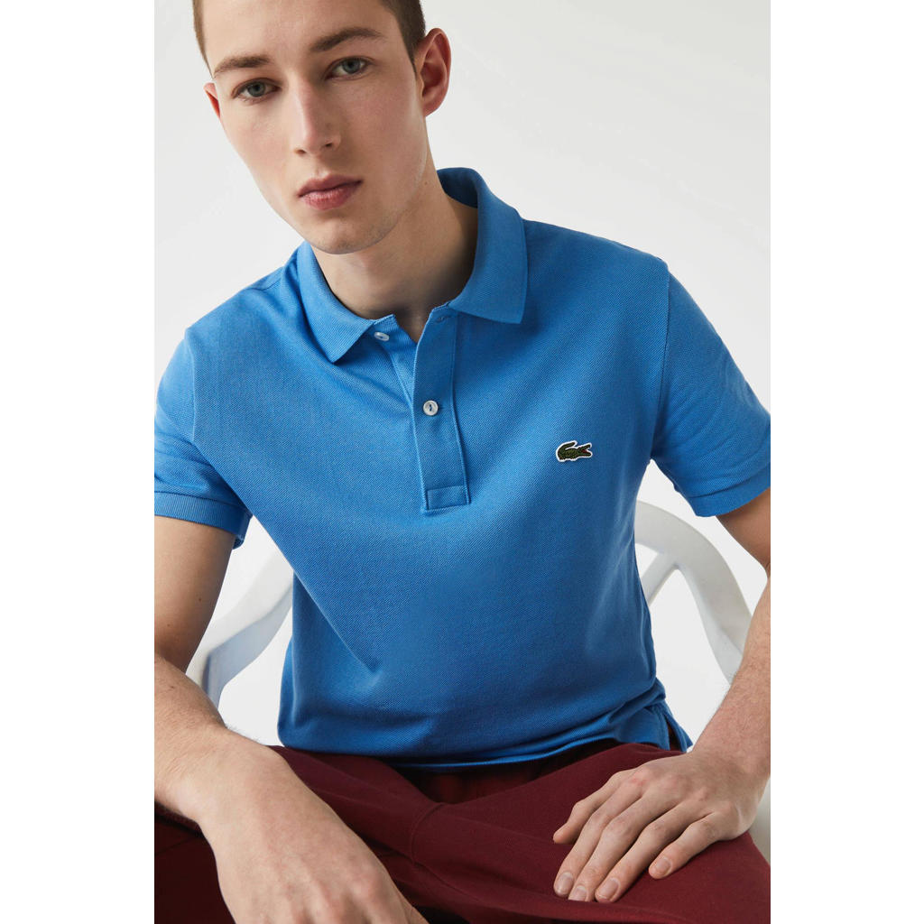 Blauwe heren Lacoste polo van katoen met logo dessin, korte mouwen, klassieke kraag en knoopsluiting