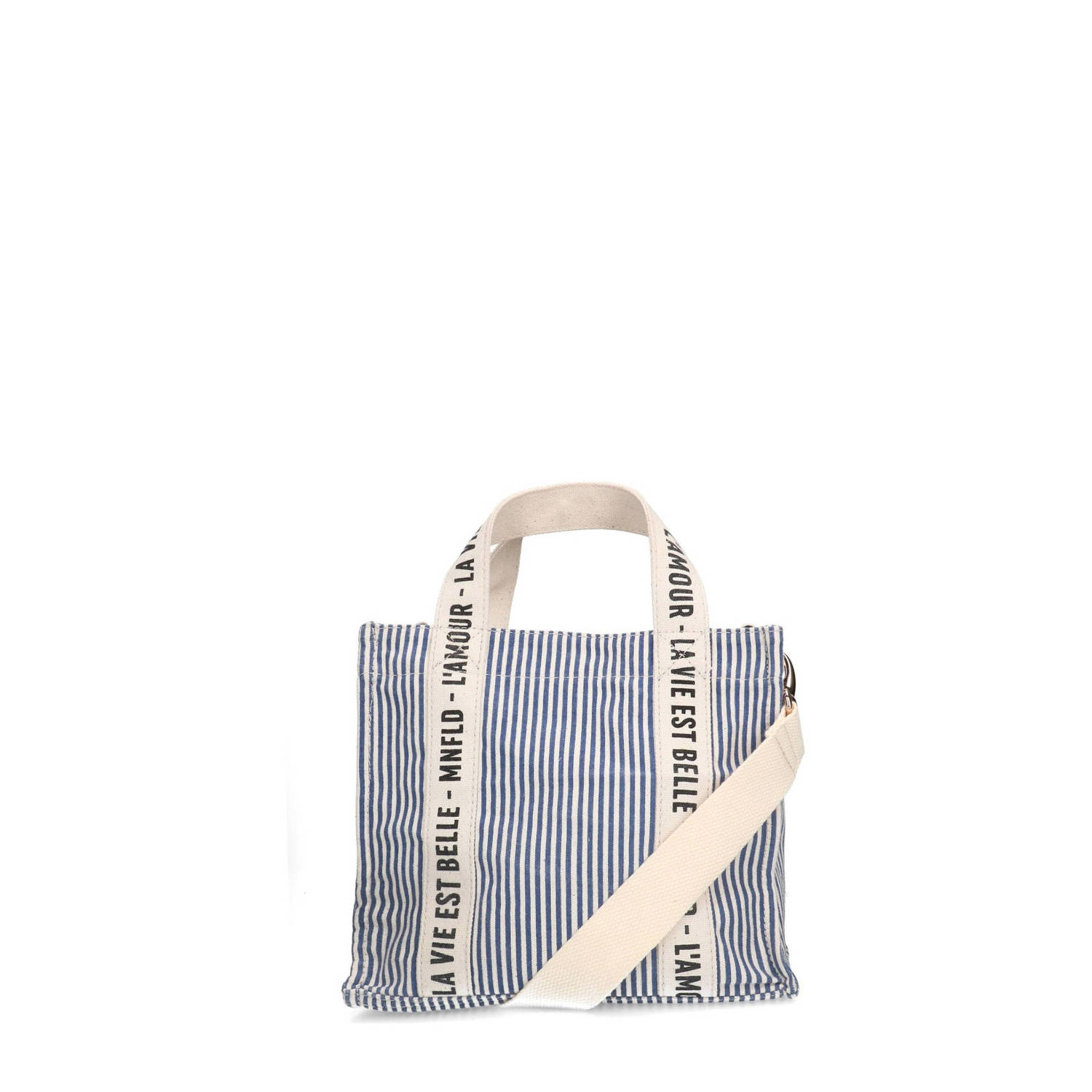 Manfield gestreepte mini shopper beige blauw