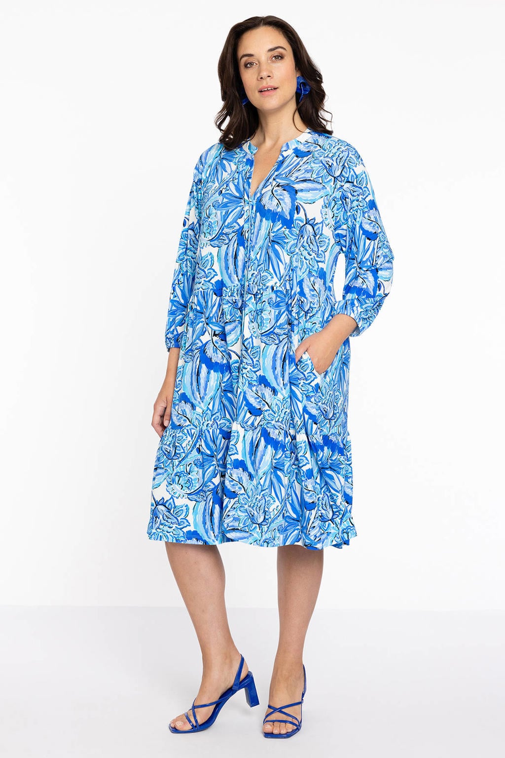 YOEK blousejurk DOLCE met all over print en ruches blauw