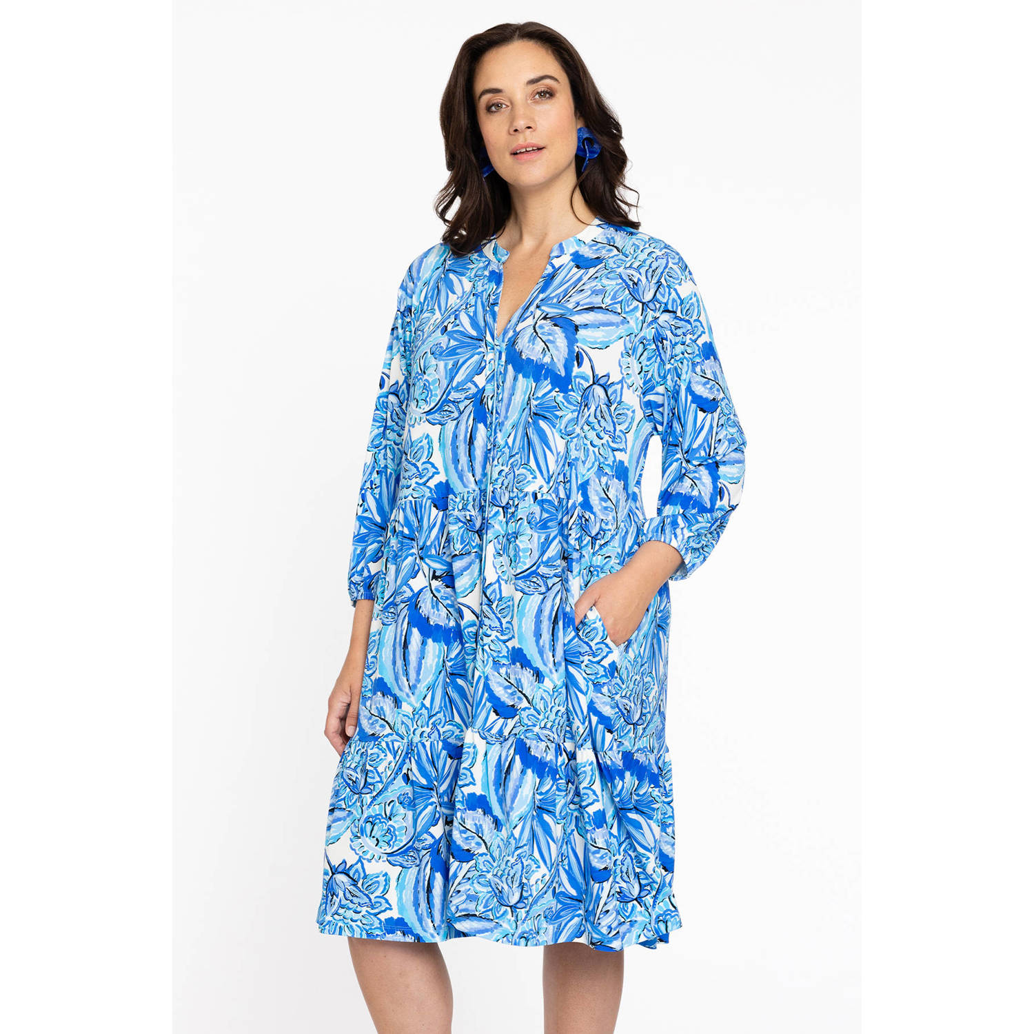 YOEK blousejurk DOLCE met all over print en ruches blauw