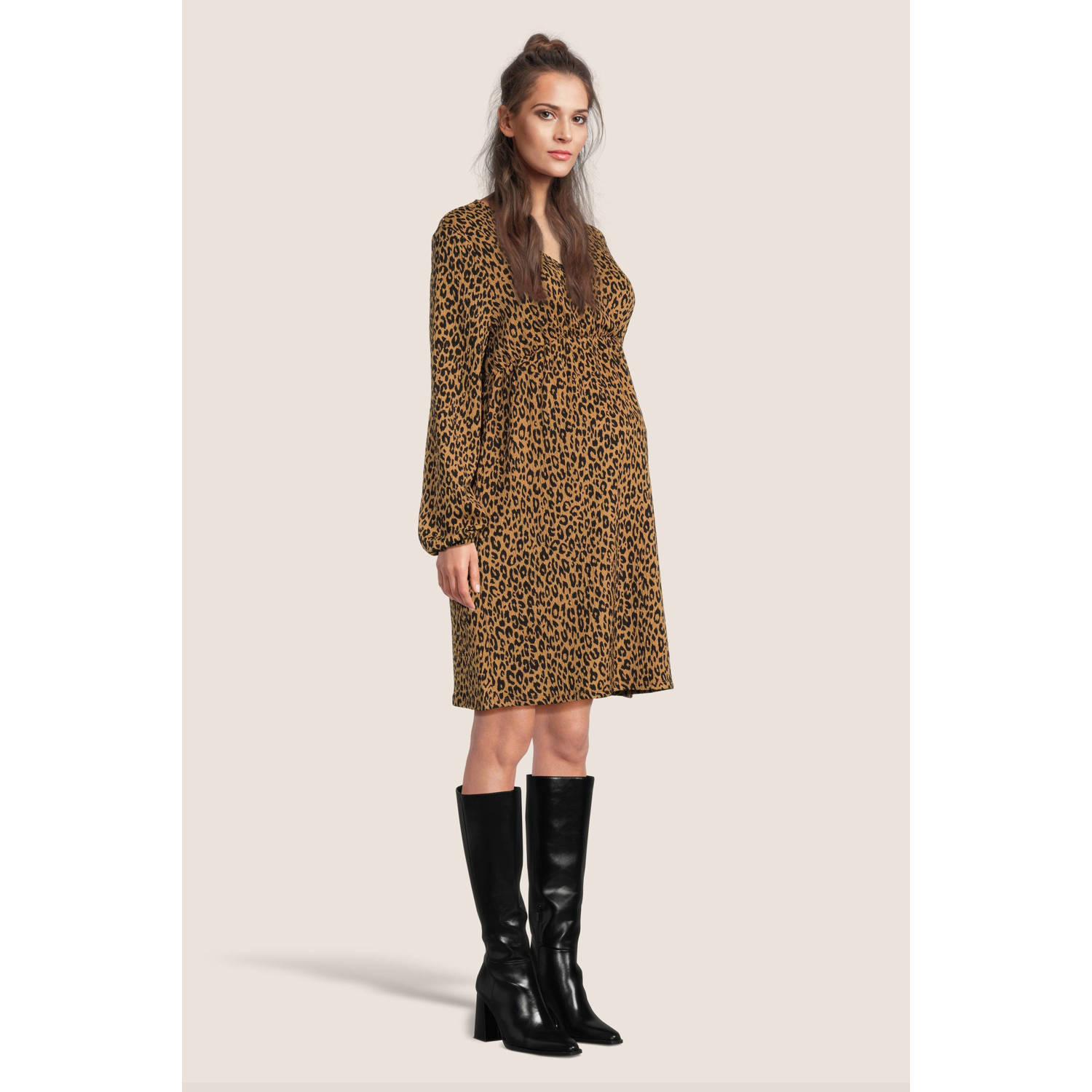 ONLY MATERNITY zwangerschapsjurk OLMGLENDA met panterprint lichtbruin zwart Dames Polyester V-hals XXL