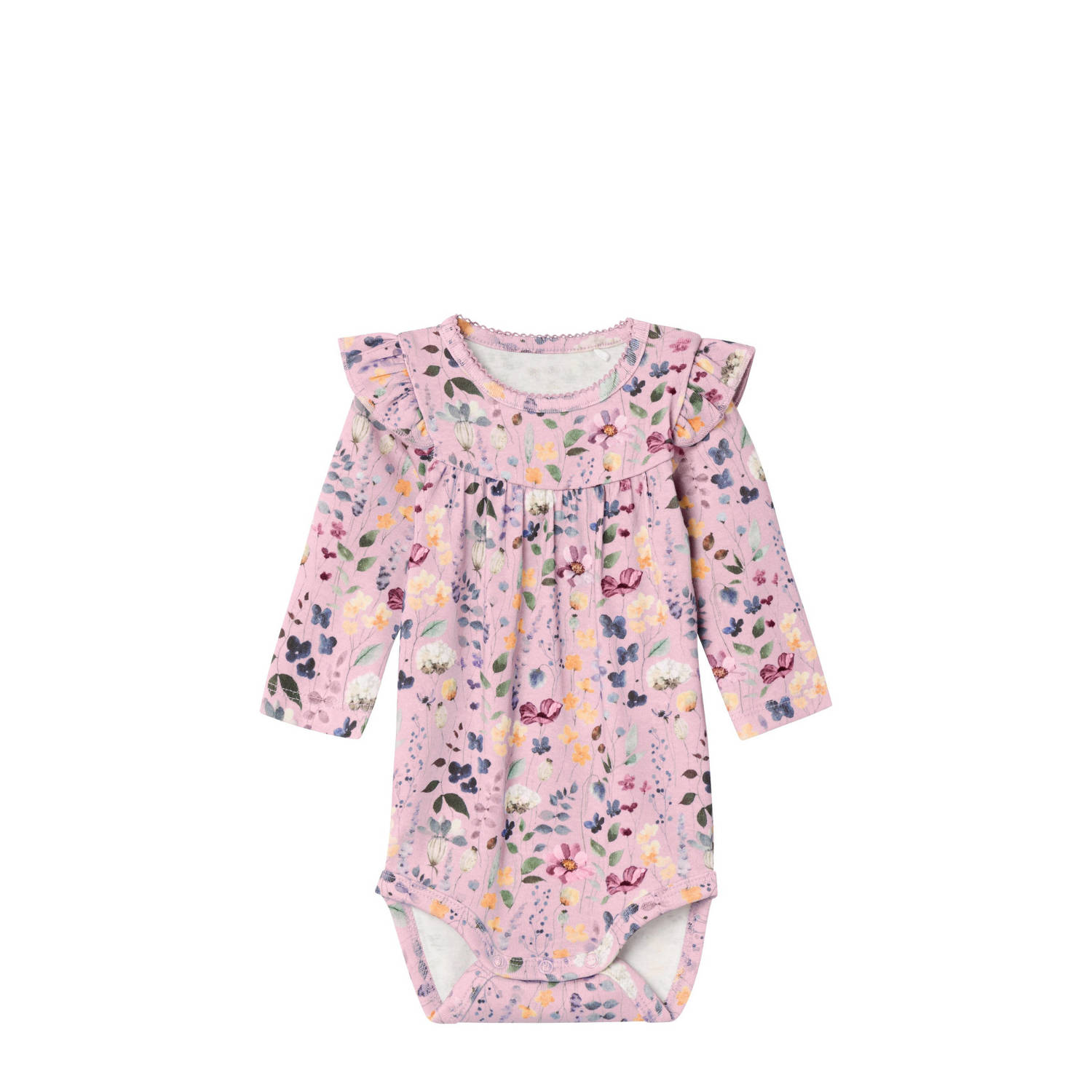 Name it BABY romper NBFDUSSA met ruches en bloemen roze Meisjes Katoen Ronde hals 56