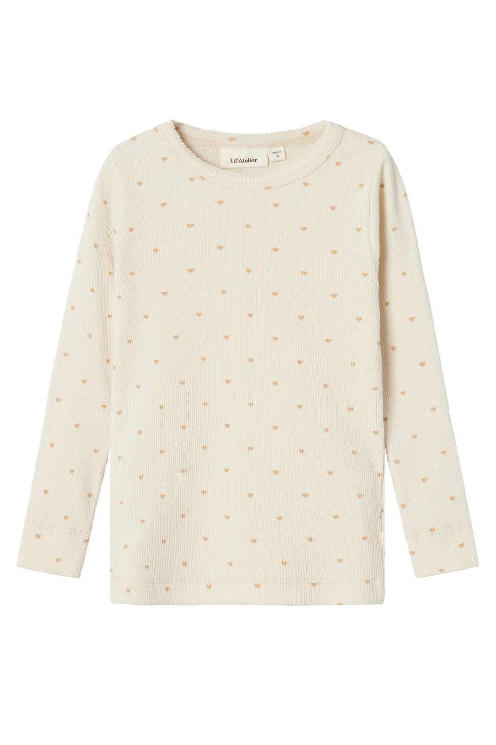Ecru en roze meisjes LIL' ATELIER MINI longsleeve van katoen met hartjesprint, lange mouwen, ronde hals en textuur