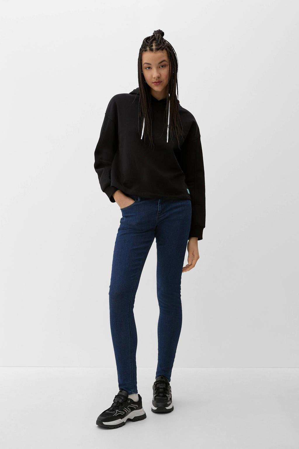 Dark blue denim dames QS skinny jeans dark blue van stretchdenim met rits- en knoopsluiting en effen