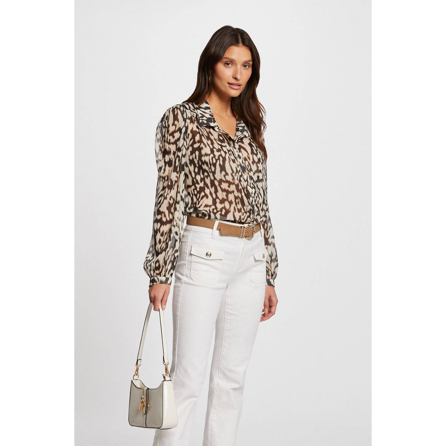 Morgan semi-transparante blouse met dierenprint bruin ecru