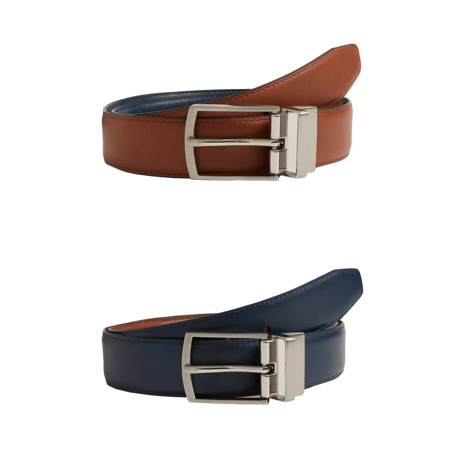 WE Fashion leren reversible riem donkerblauw cognac