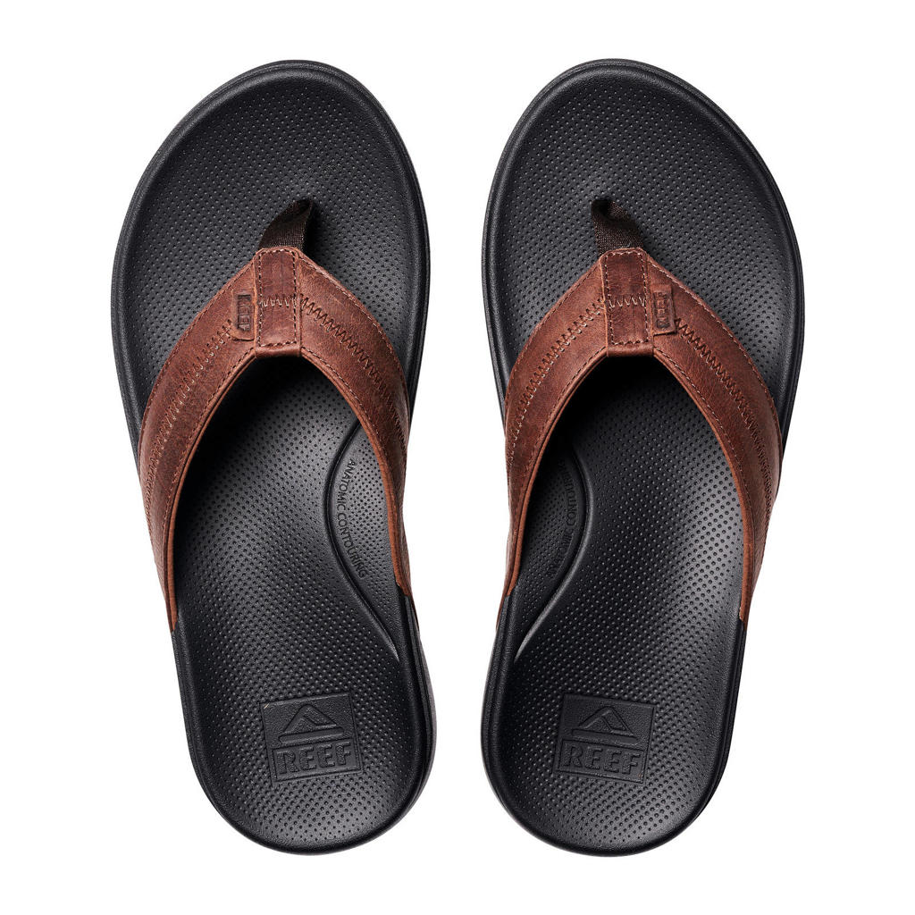 Cognackleurige heren Reef Cushion Phantom 2.0 leren teenslippers