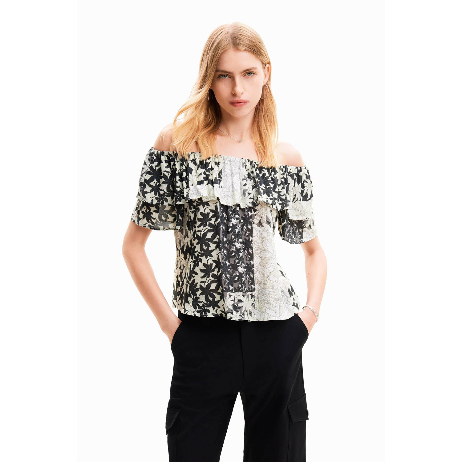 Desigual off shoulder top met all over print zwart ecru