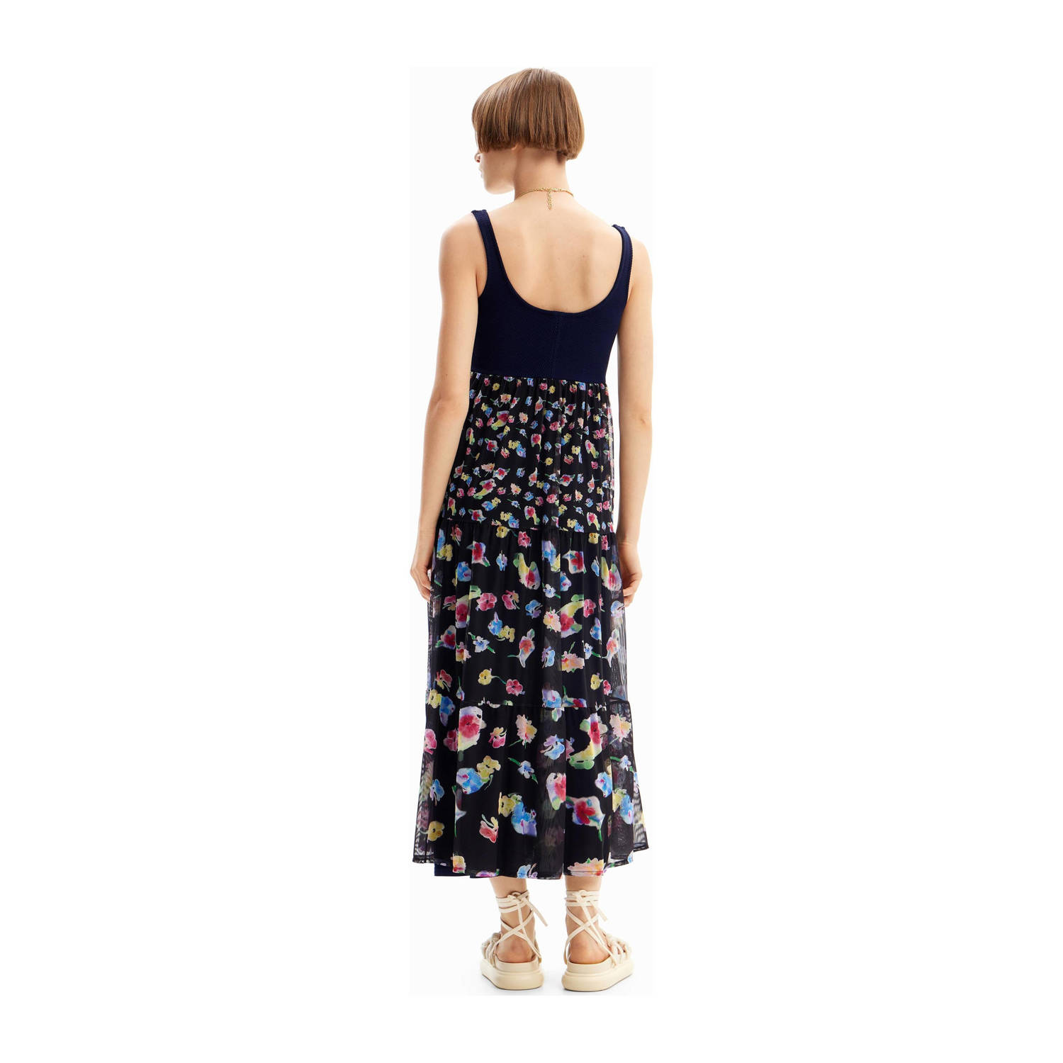Desigual A-lijn jurk met all over print en volant donkerblauw