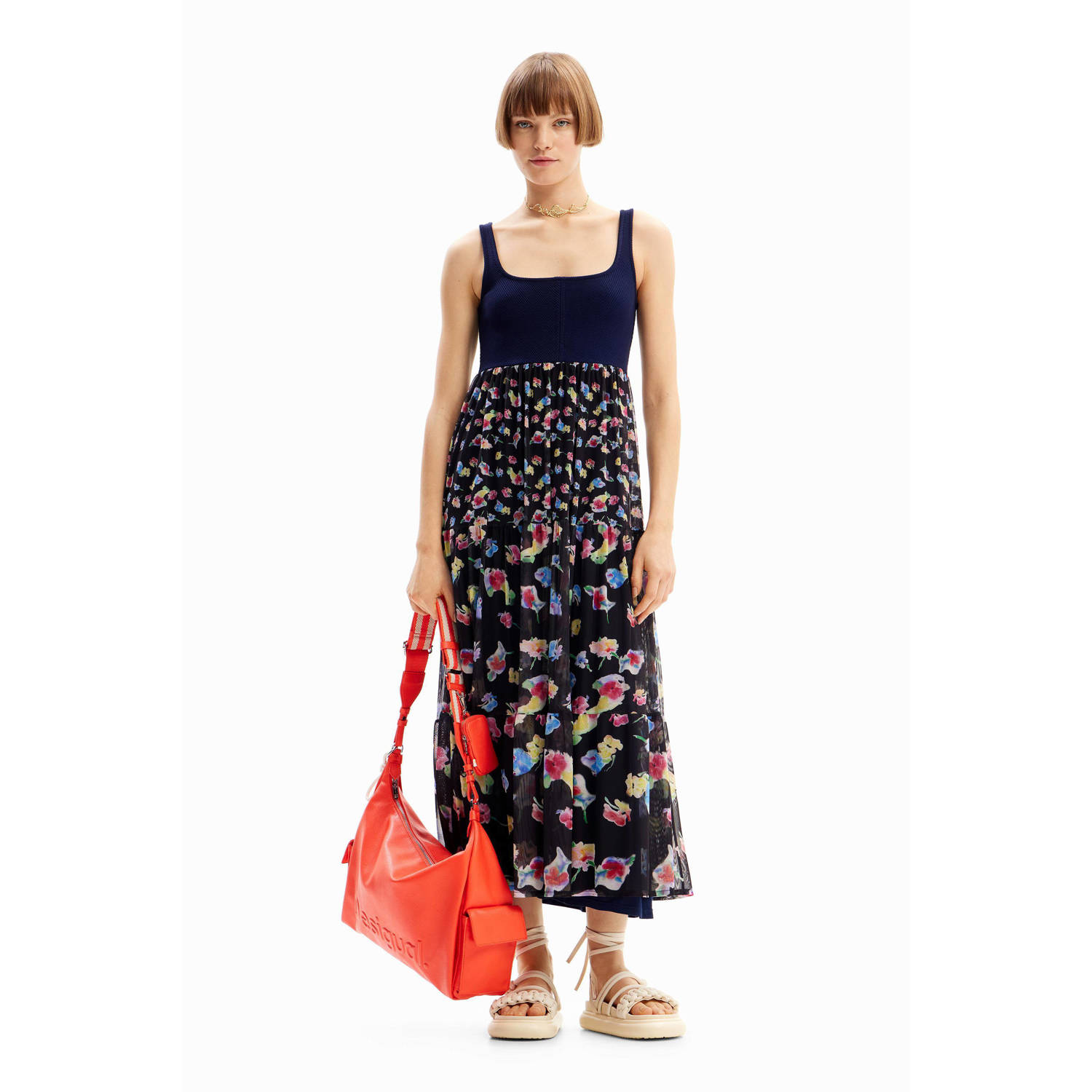 Desigual A-lijn jurk met all over print en volant donkerblauw
