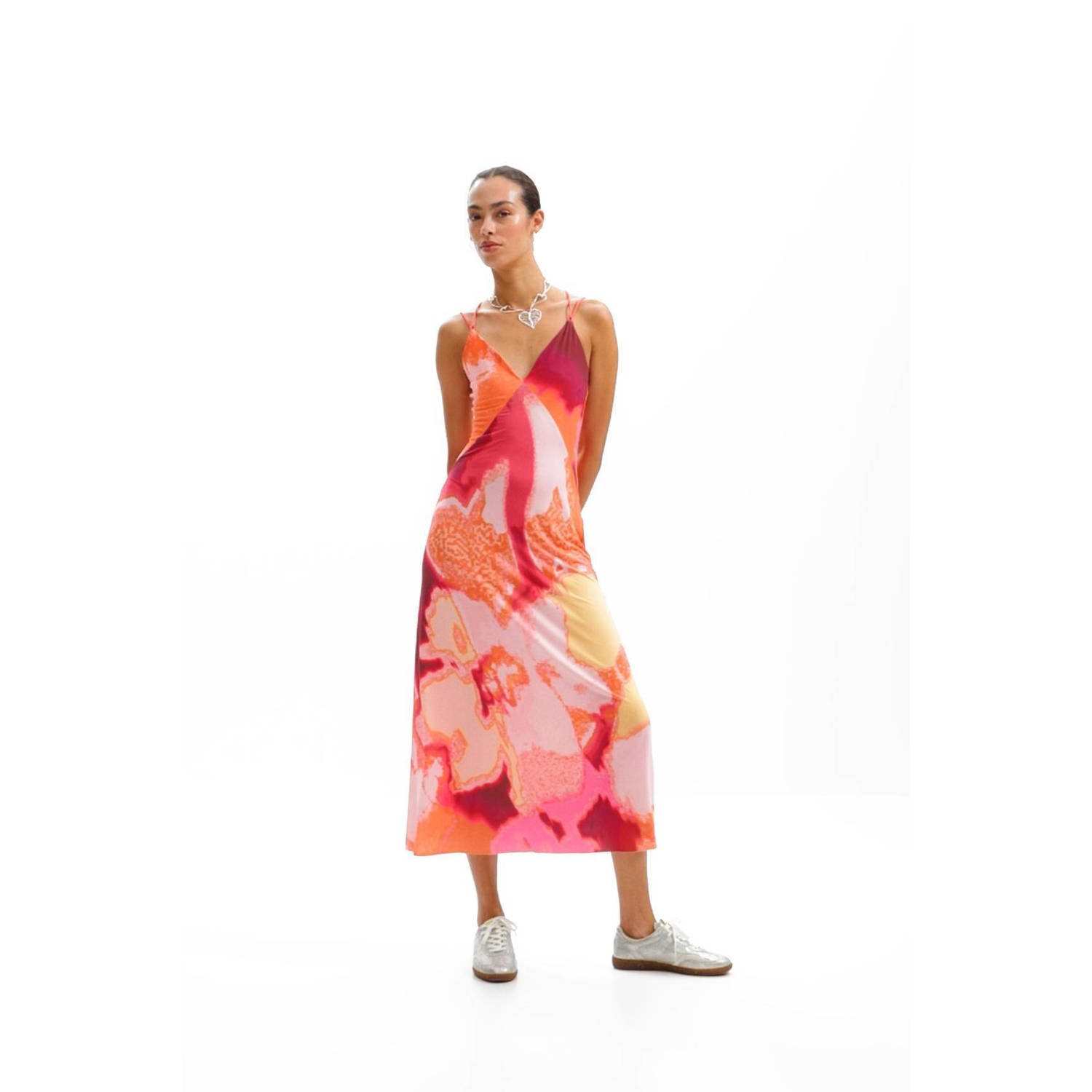 Desigual maxi jurk met all over print koraalrood oranje roze
