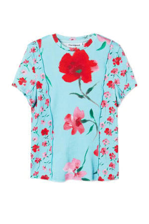 gebloemd T-shirt turquoise/roze