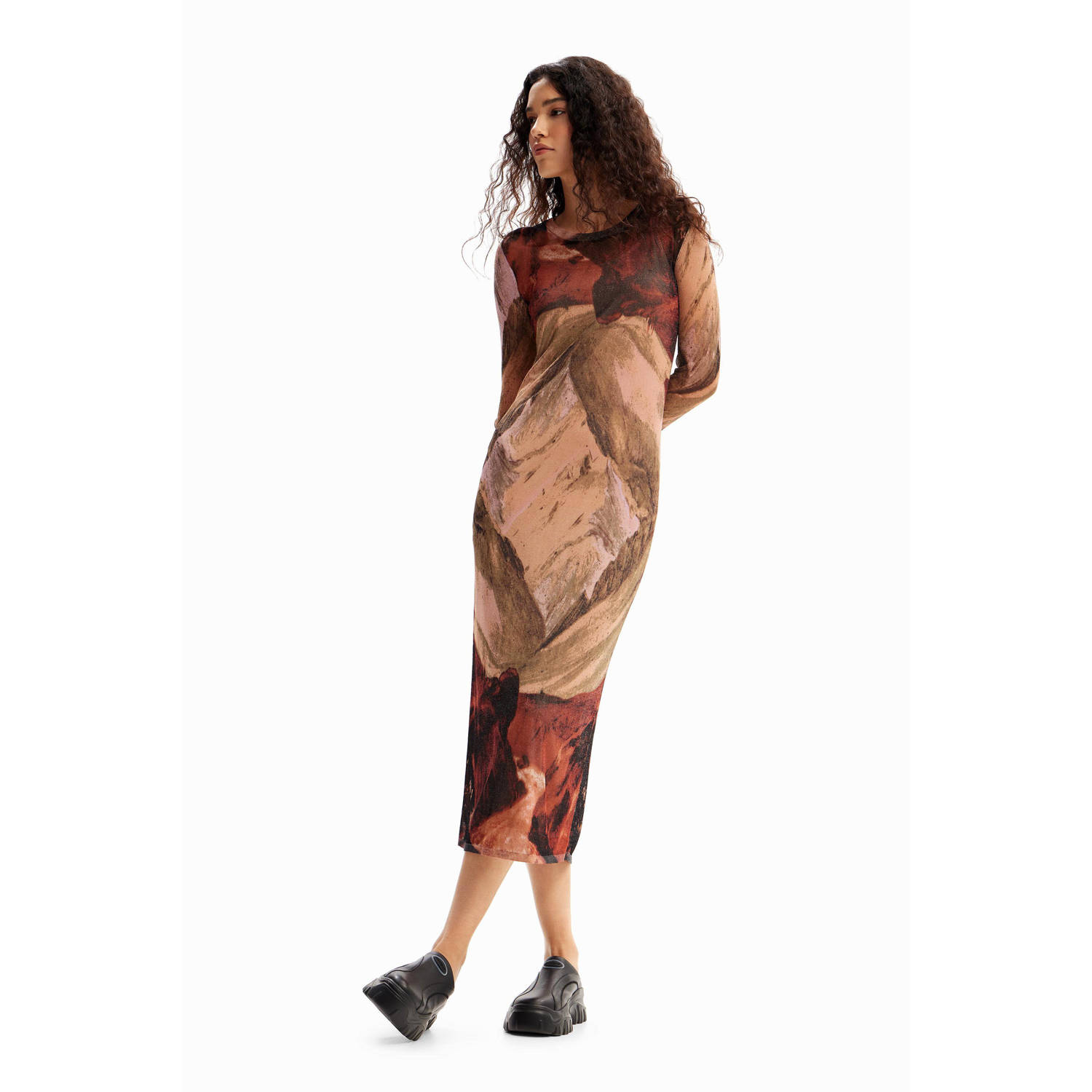 Desigual bodycon jurk met all over print bruin zand