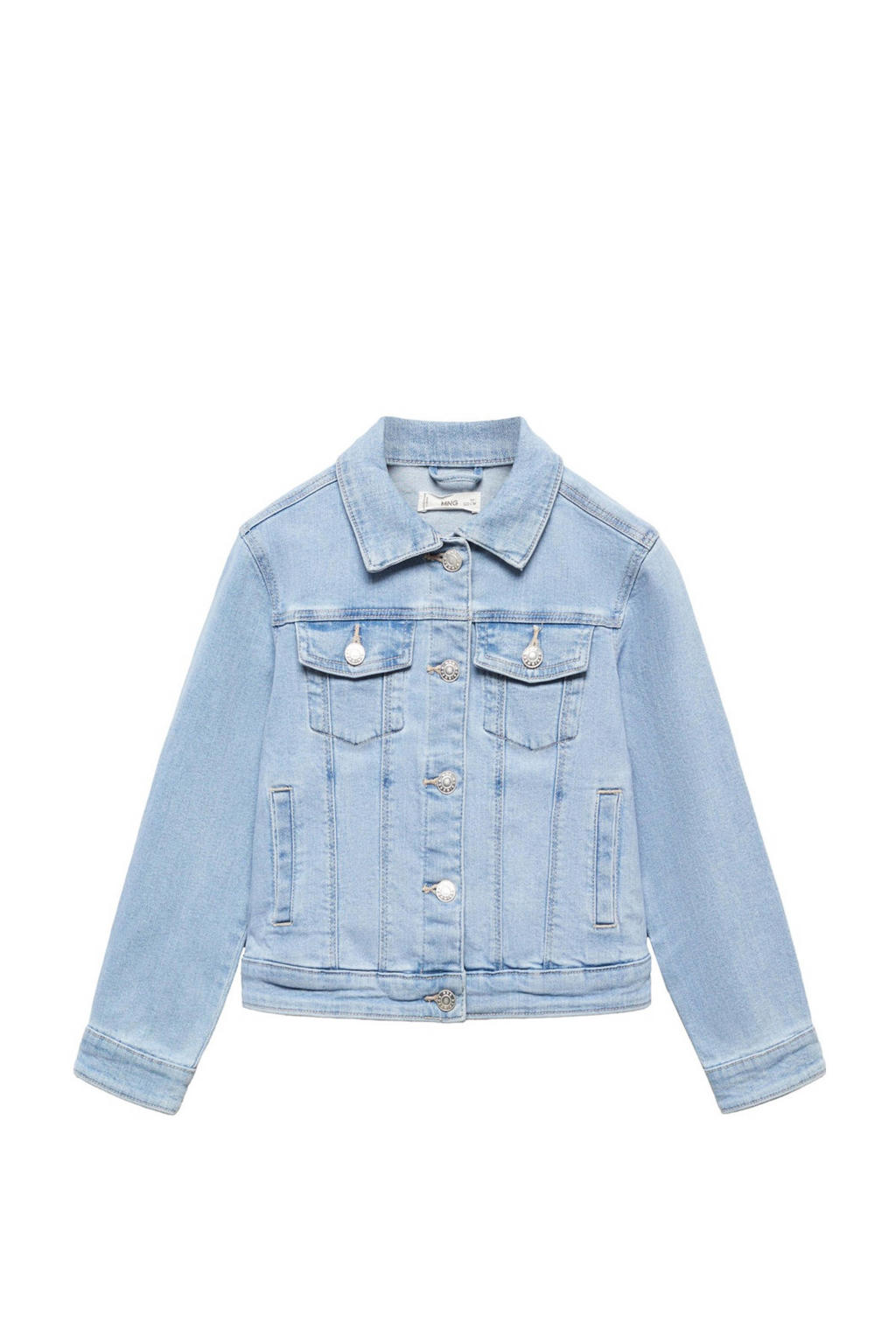 Light blue denim meisjes Mango Kids spijkerjas van denim met effen, lange mouwen, klassieke kraag en knoopsluiting