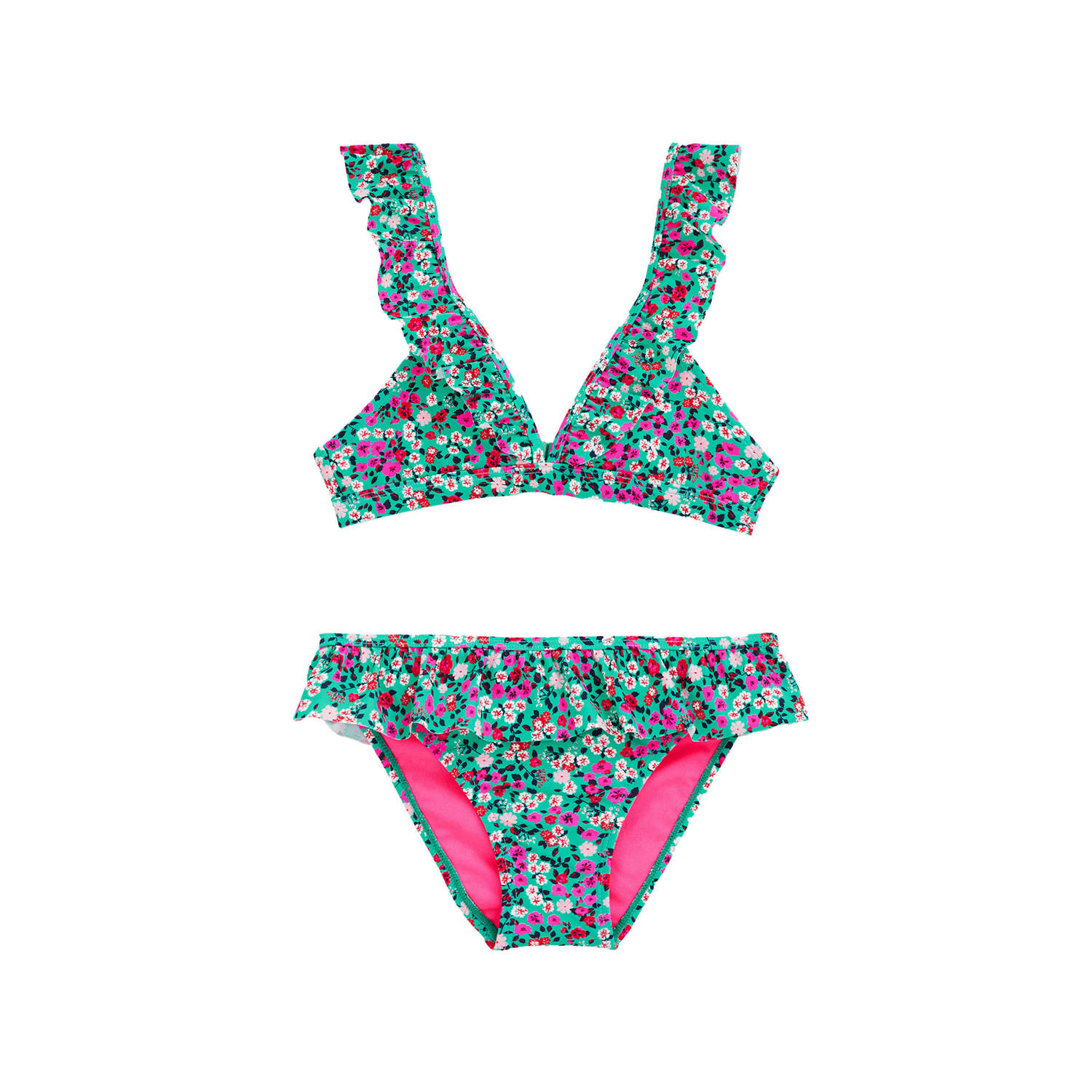 WE Fashion triangel bikini met ruches groen roze Meisjes Polyamide Bloemen 122 128