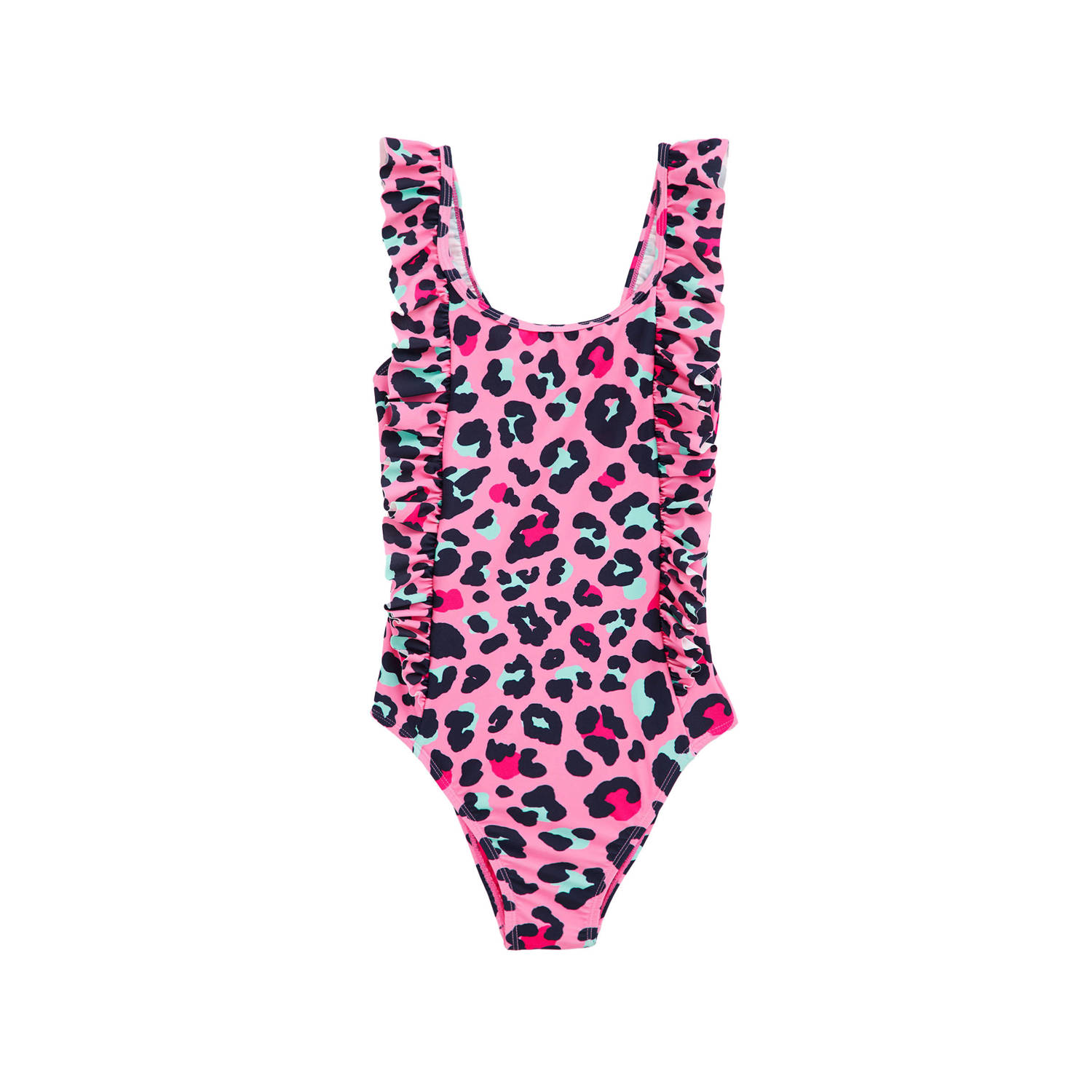 WE Fashion badpak met ruches roze zwart Meisjes Gerecycled polyamide Panterprint 110 116