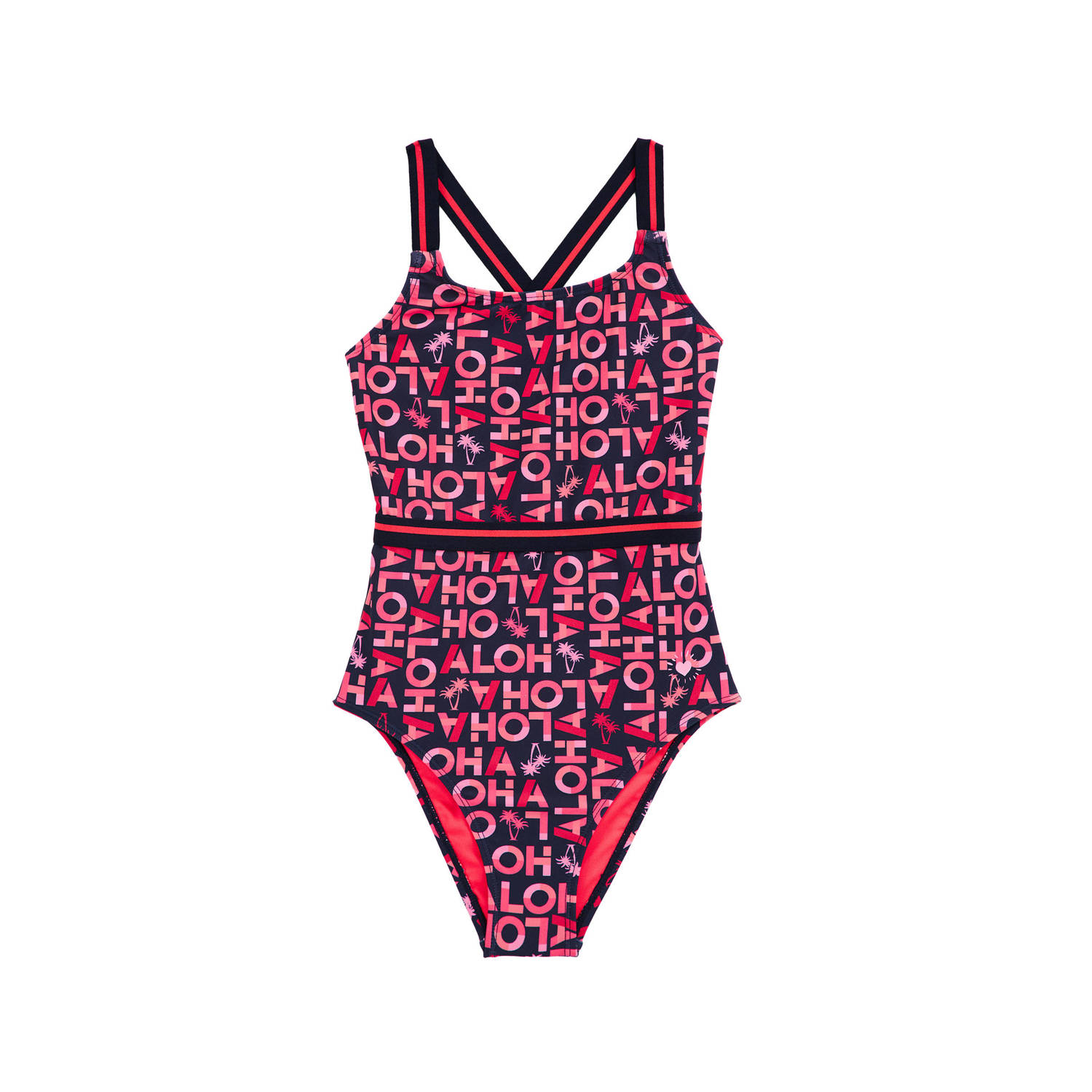 WE Fashion badpak donkerblauw roze Meisjes Polyamide All over print 110 116