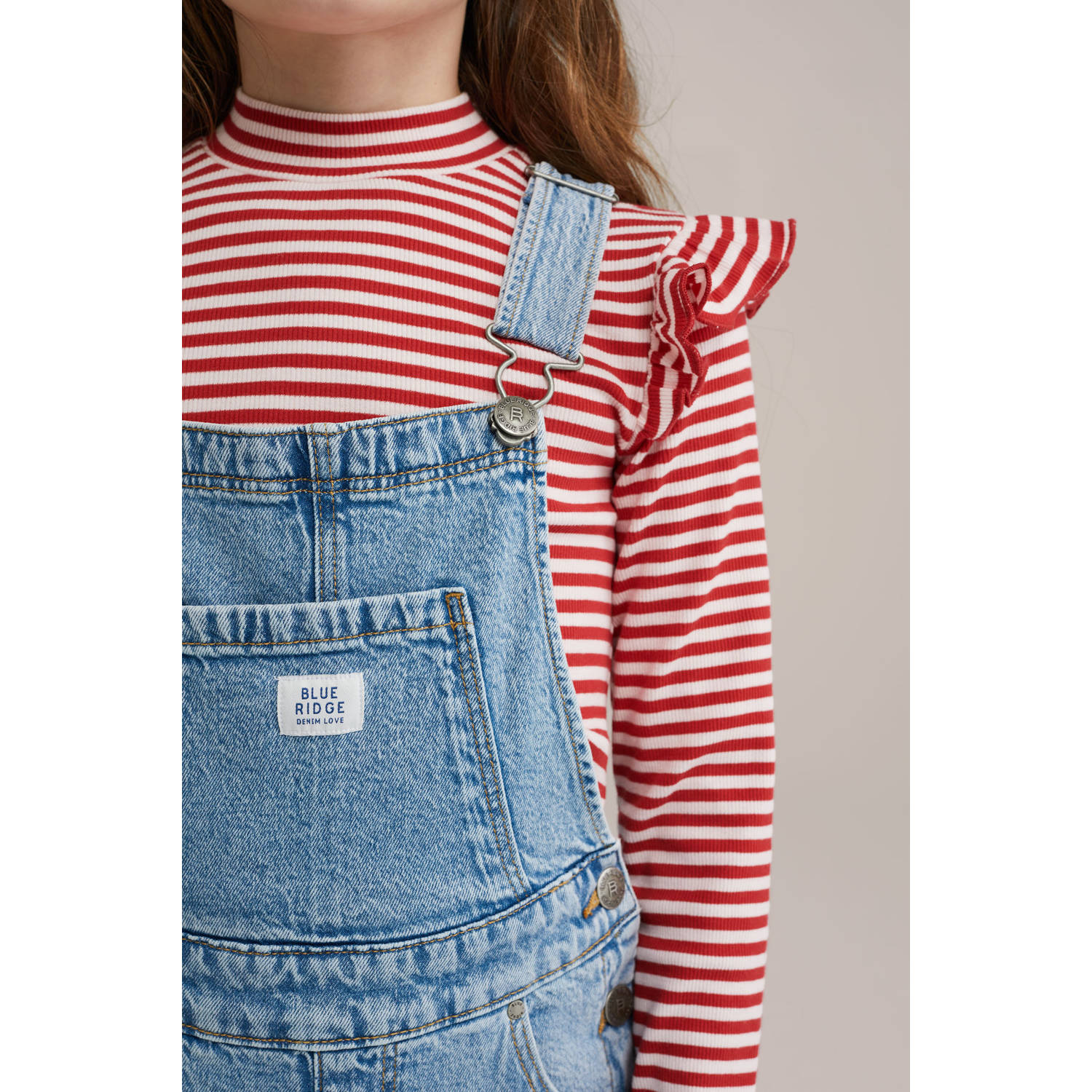 WE Fashion loose fit tuinbroek medium blue denim Blauw Effen 128