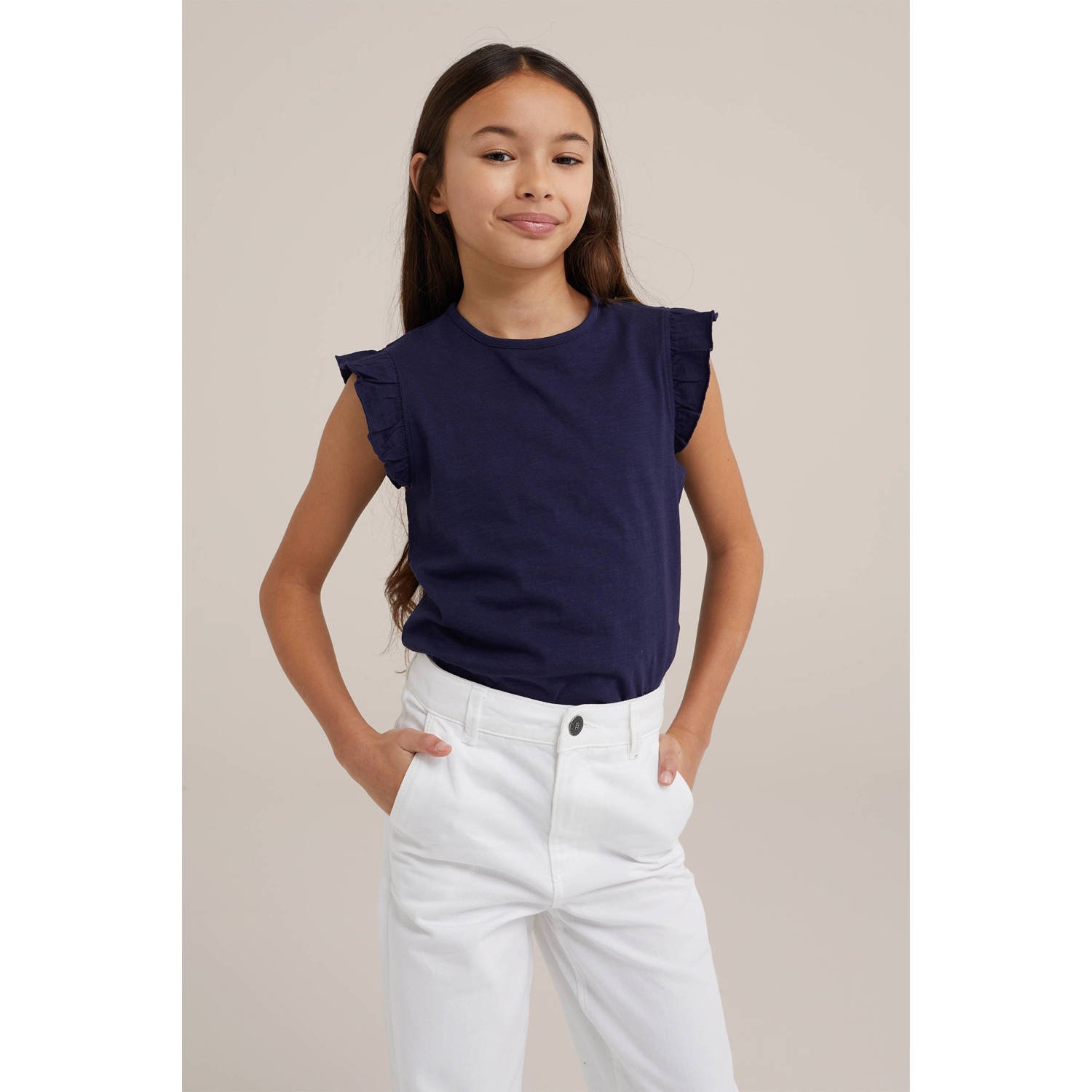WE Fashion T-shirt donkerblauw Meisjes Katoen Ronde hals Effen 110 116