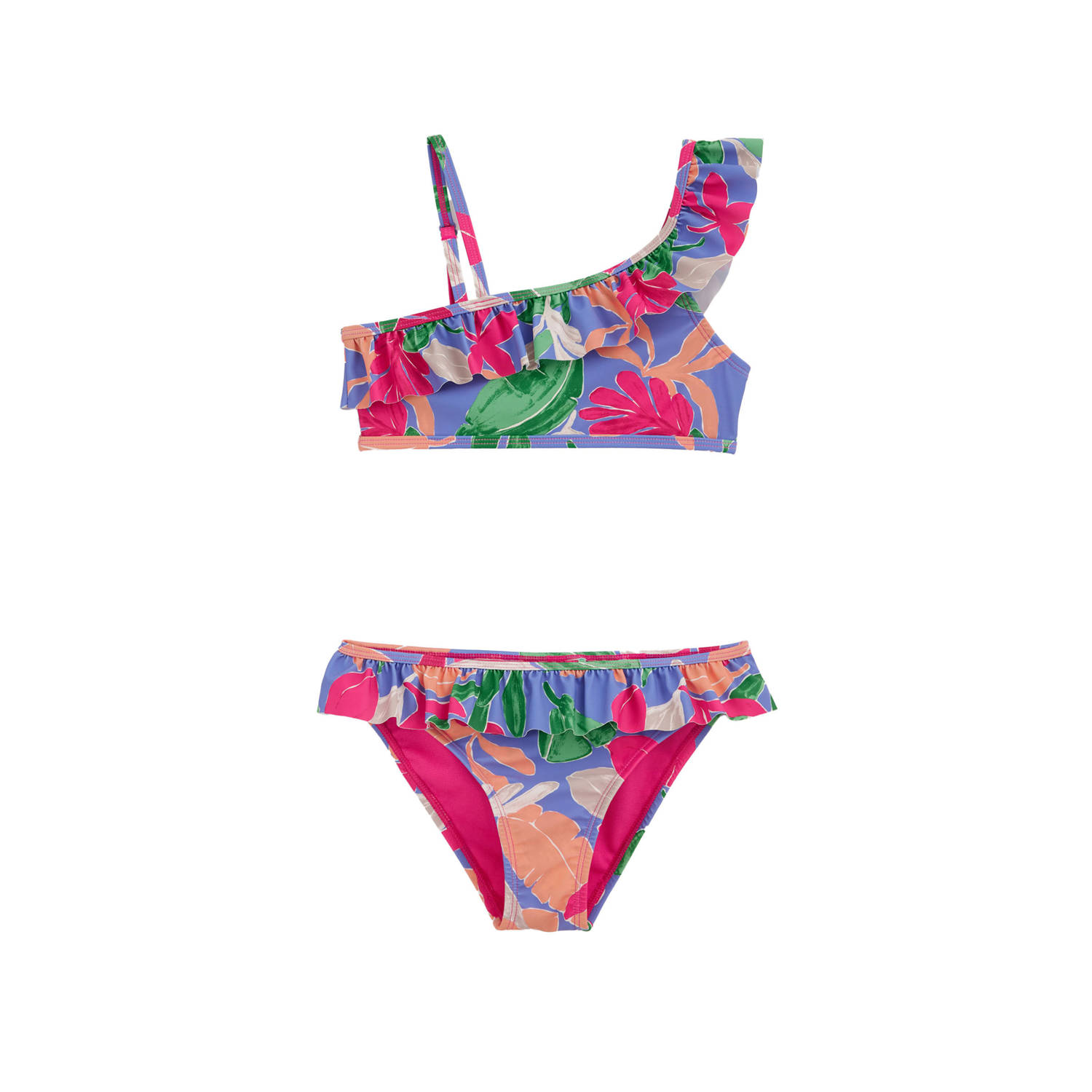 WE Fashion crop bikini met ruches paars roze groen Meisjes Polyamide Bloemen 110 116