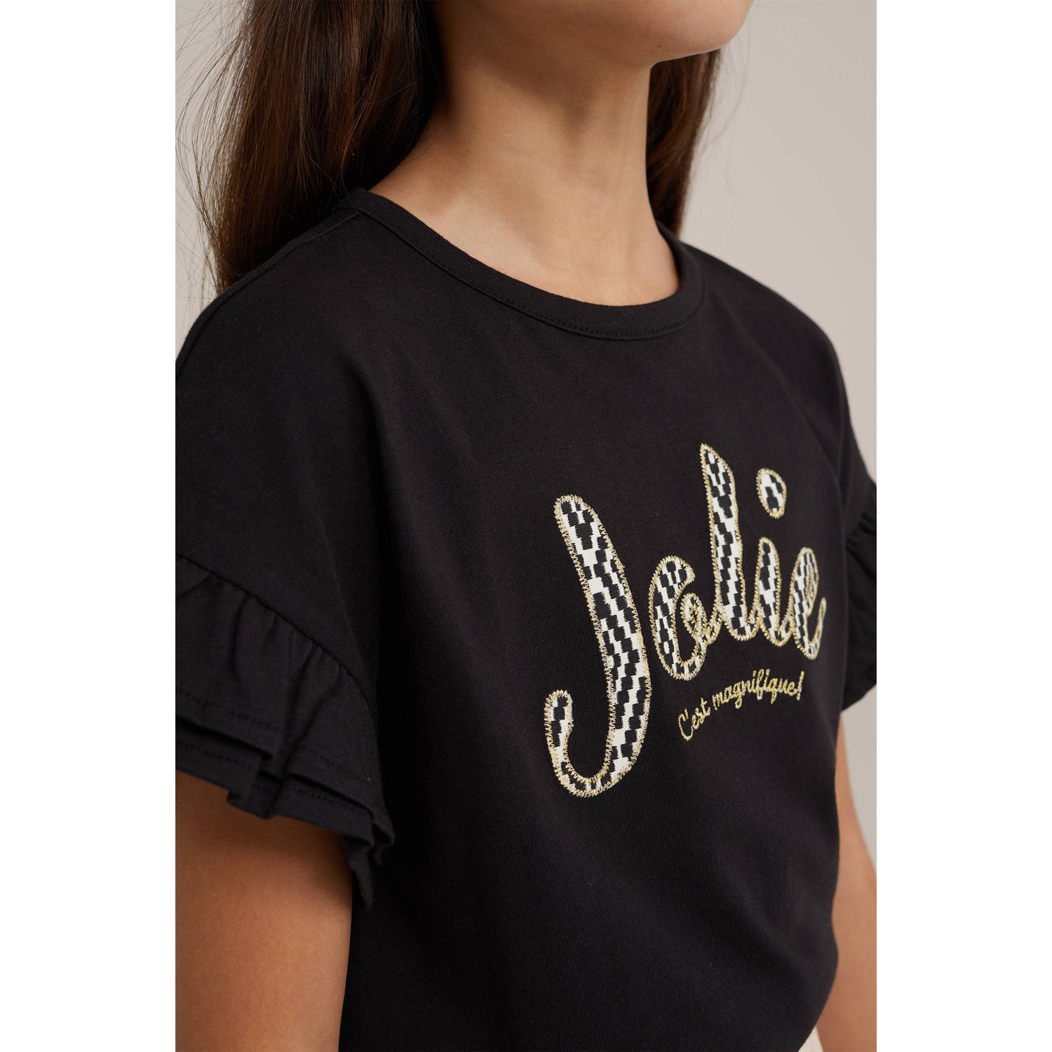 WE Fashion T-shirt met tekst en borduursels zwart