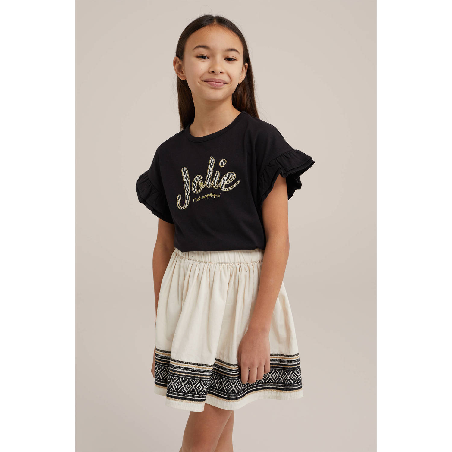 WE Fashion T-shirt met tekst en borduursels zwart Meisjes Katoen Ronde hals 110 116