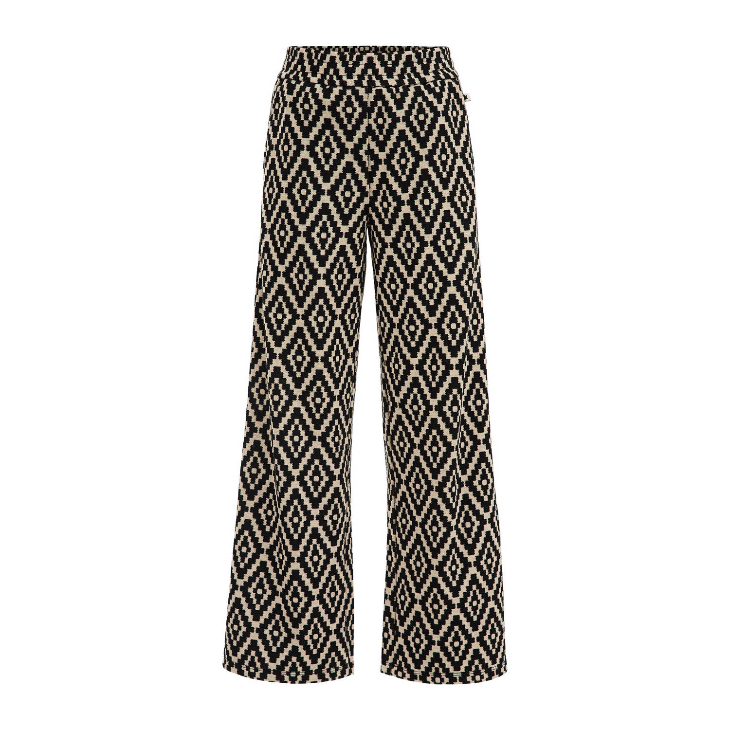 WE Fashion straight fit broek met all over print zwart ecru Meisjes Gerecycled polyester 104