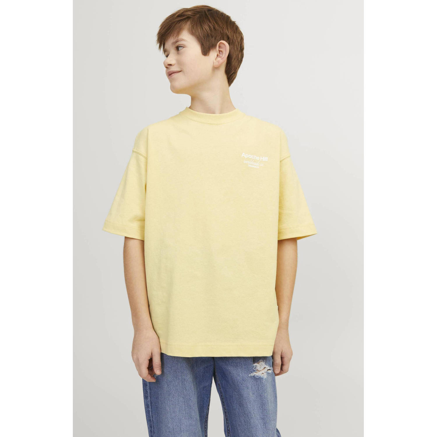 Jack & jones JUNIOR T-shirt JORCASABLANCA met backprint lichtgeel Jongens Katoen Ronde hals 128