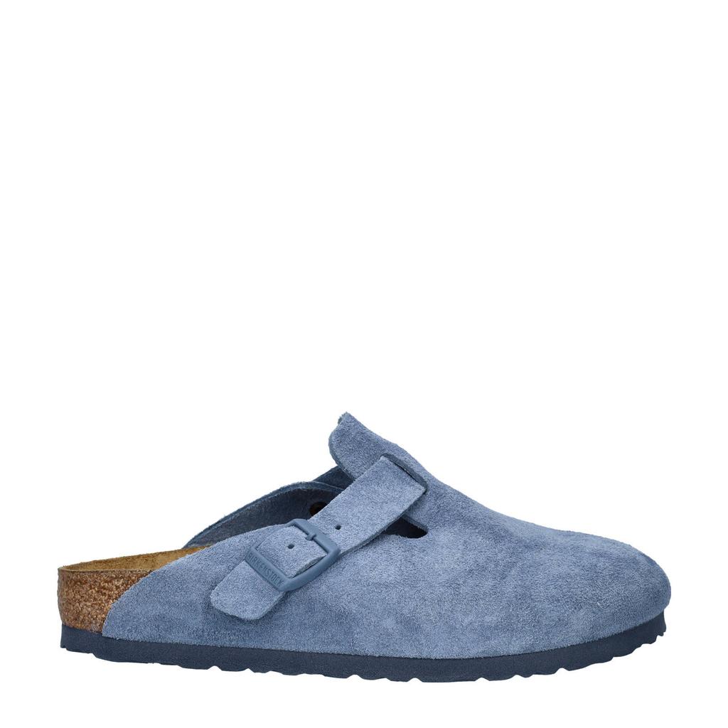 Lichtblauwe dames Birkenstock Boston suède clogs met gesp en effen